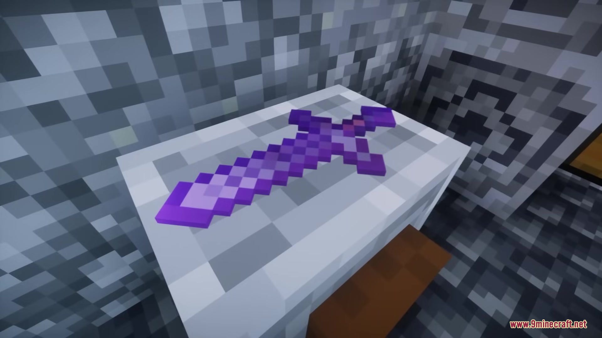 Buko's Enchantment Tips Resource Pack Screenshot 4 Enchanted purple sword resting on a white table inside a stone building