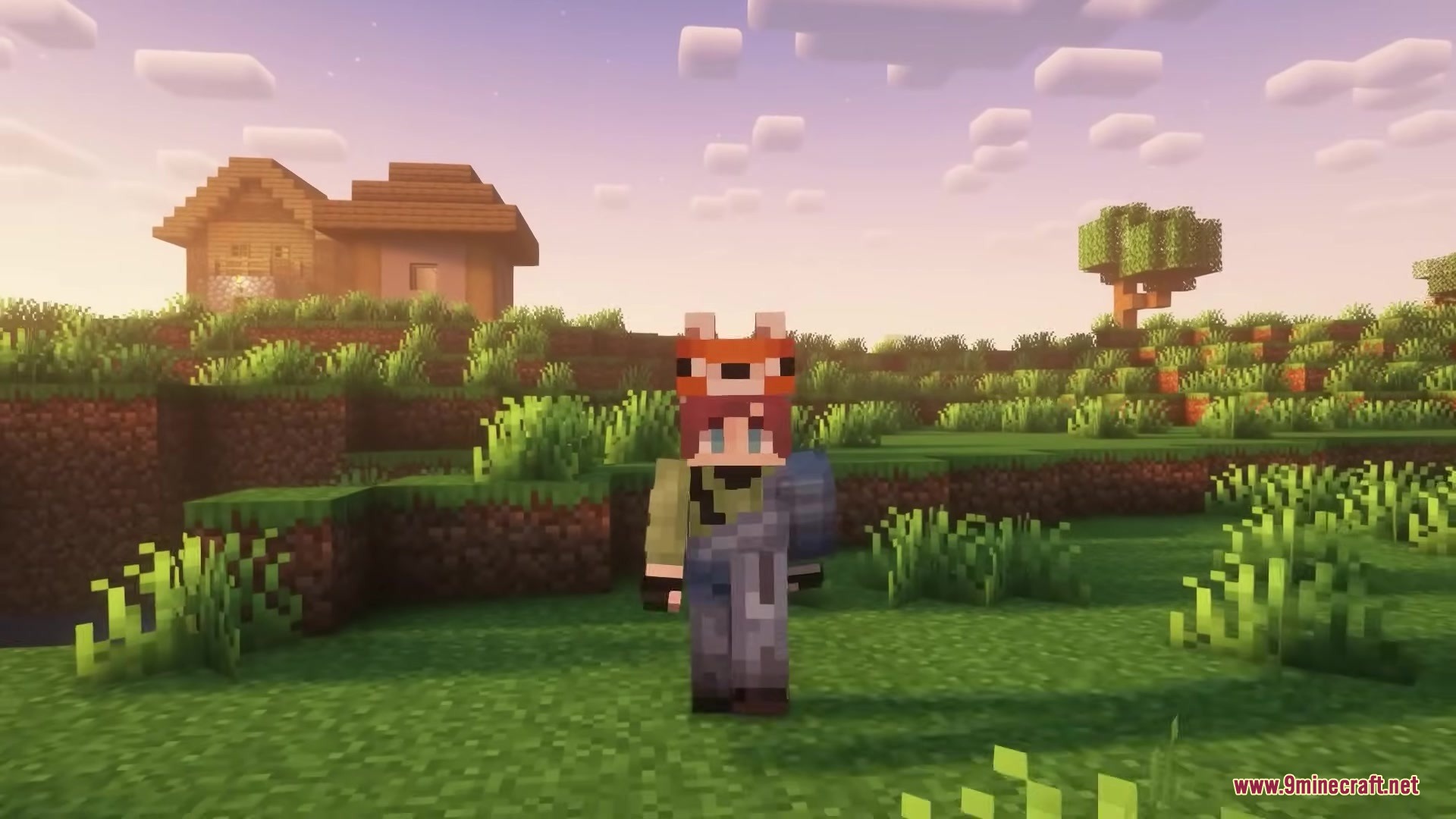 Buko's Enchantment Tips Resource Pack Screenshot 6 A Minecraft character wearing a fox mask stands in a sunny field
