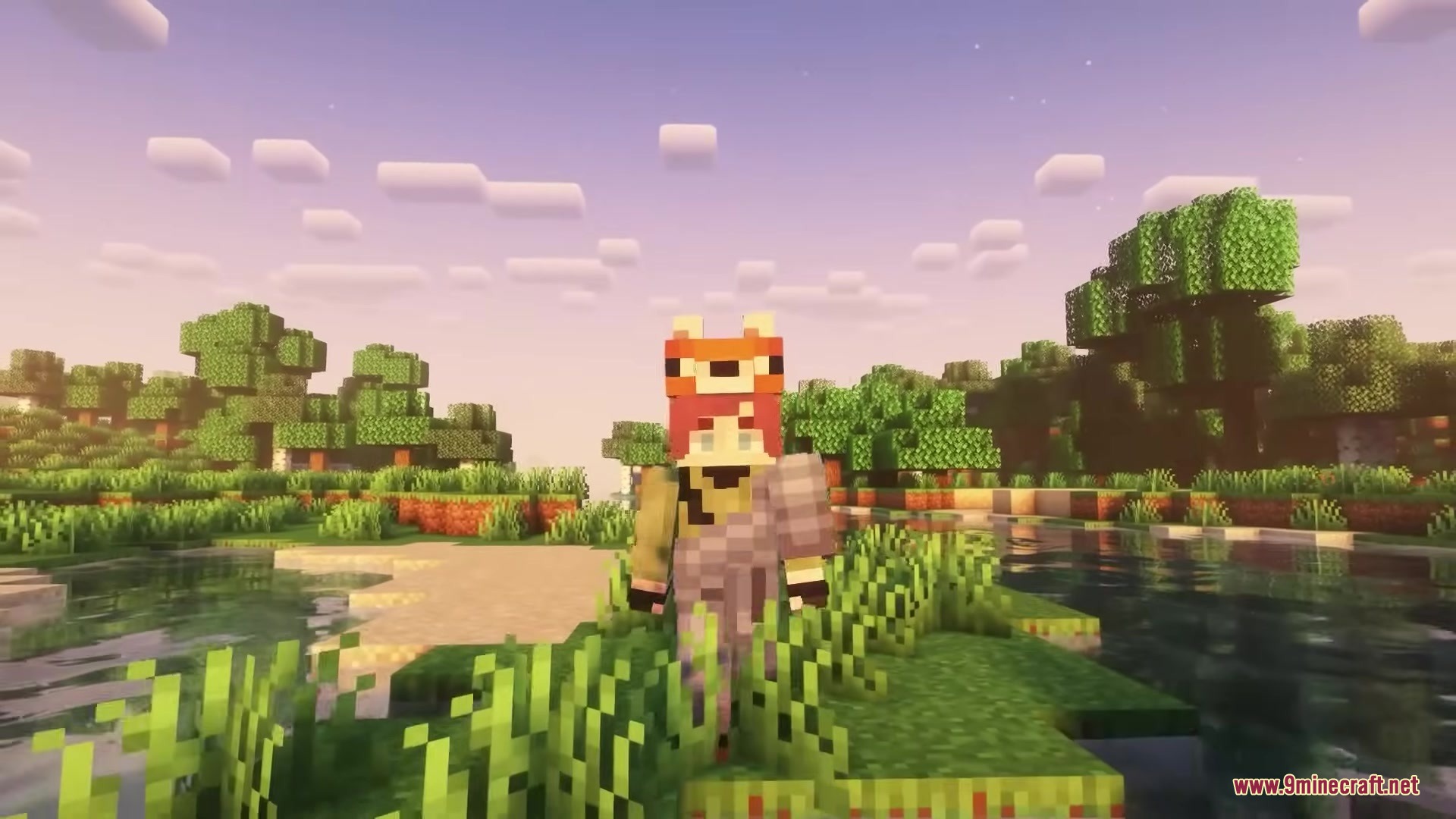 Buko's Enchantment Tips Resource Pack Screenshot 8 Minecraft player wearing a fox hat stands in tall grass near a river