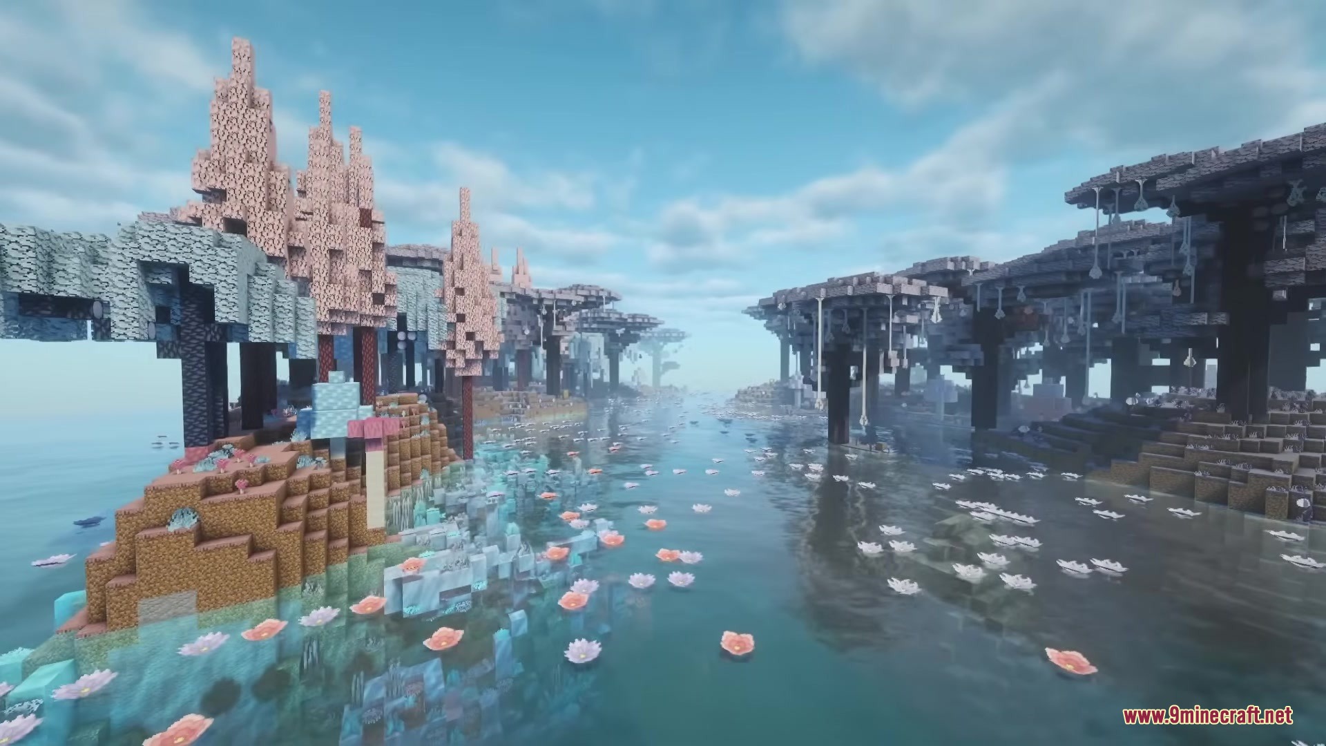 The Cuterly biome features pastel pink trees and flowers floating on the water