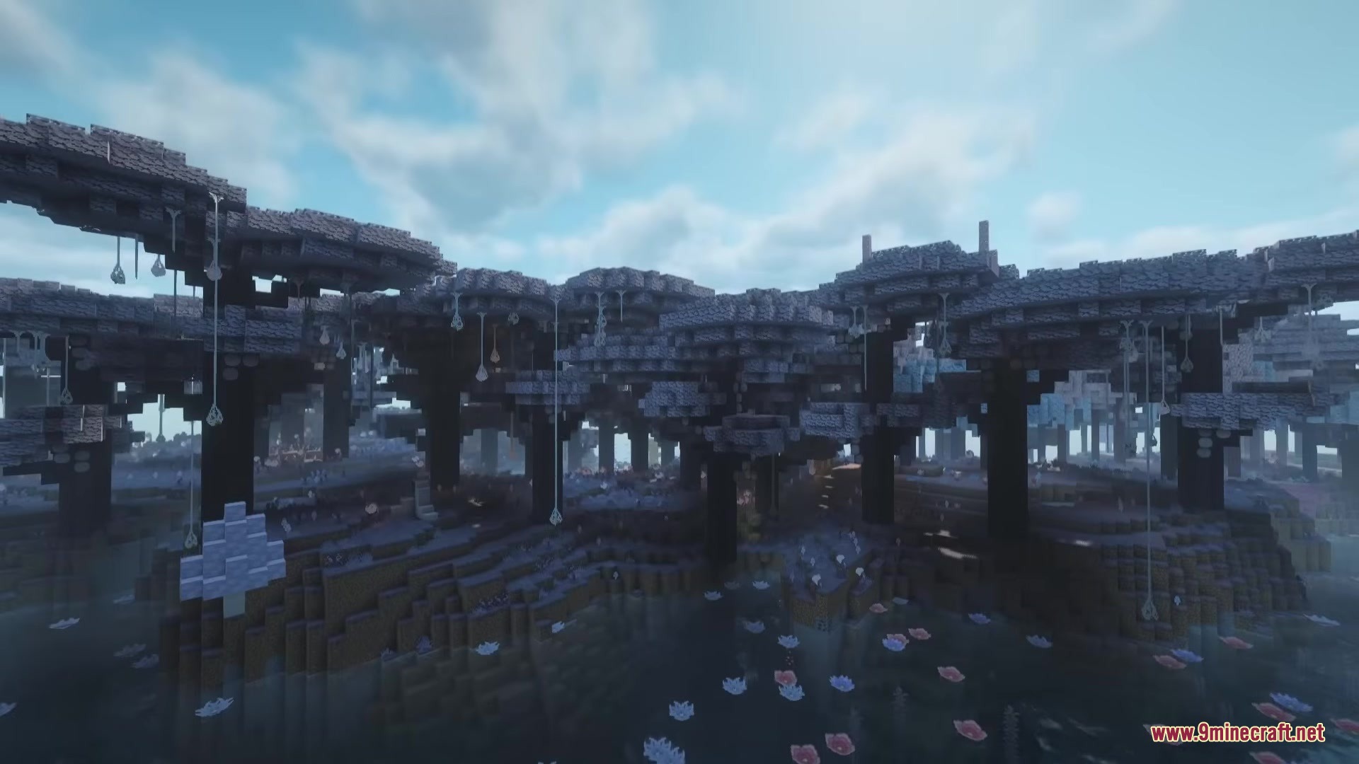 The Clockwork Canopy biome features dark trees and white flowers in the water