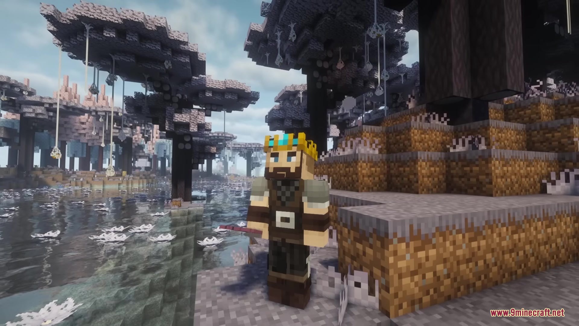 A character with a crown explores a magical forest with hanging tree decorations