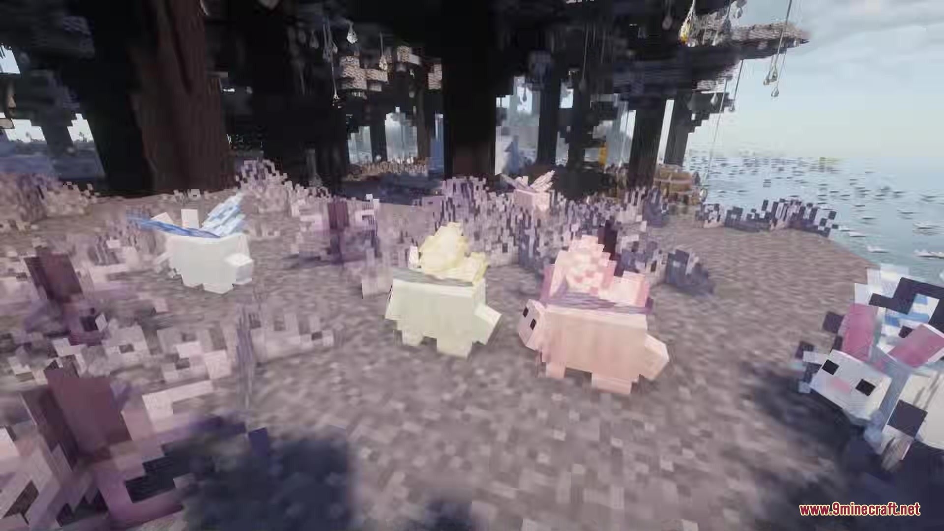 Group of colorful Silkbun creatures wandering through a pastel pink and purple forest