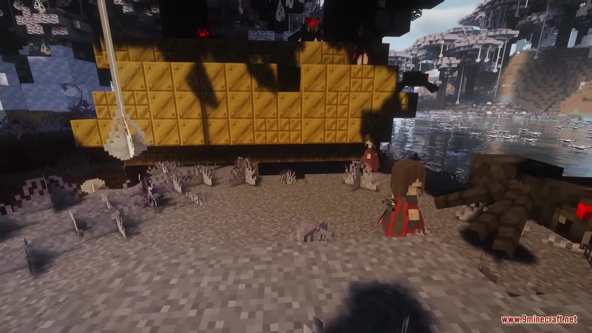 Player exploring a dark forest filled with golden machines and creepy wooden puppets