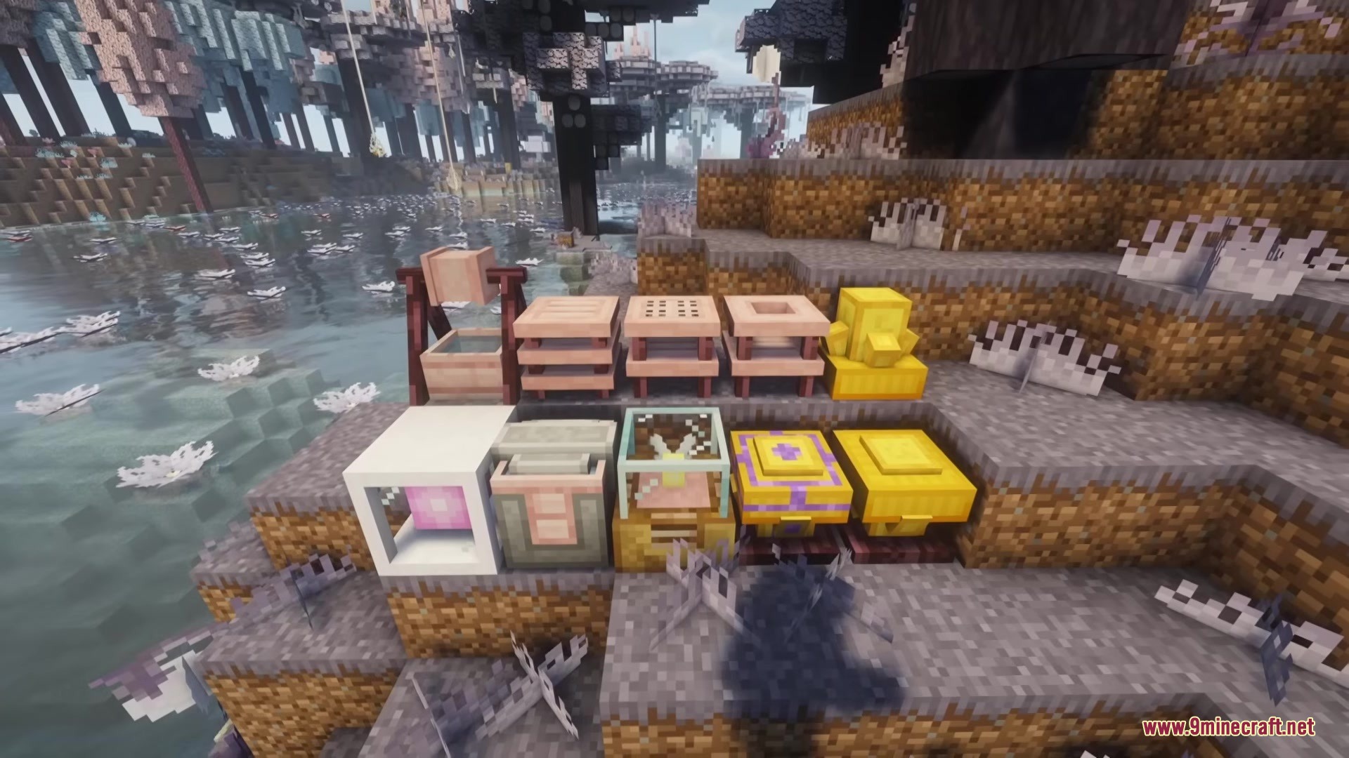 Various magical machines and crafting stations from Buntsy Mod on a grassy hill