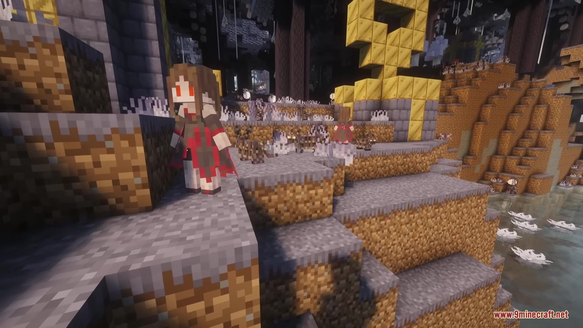 A custom humanoid mob stands in a dark forest near a golden structure