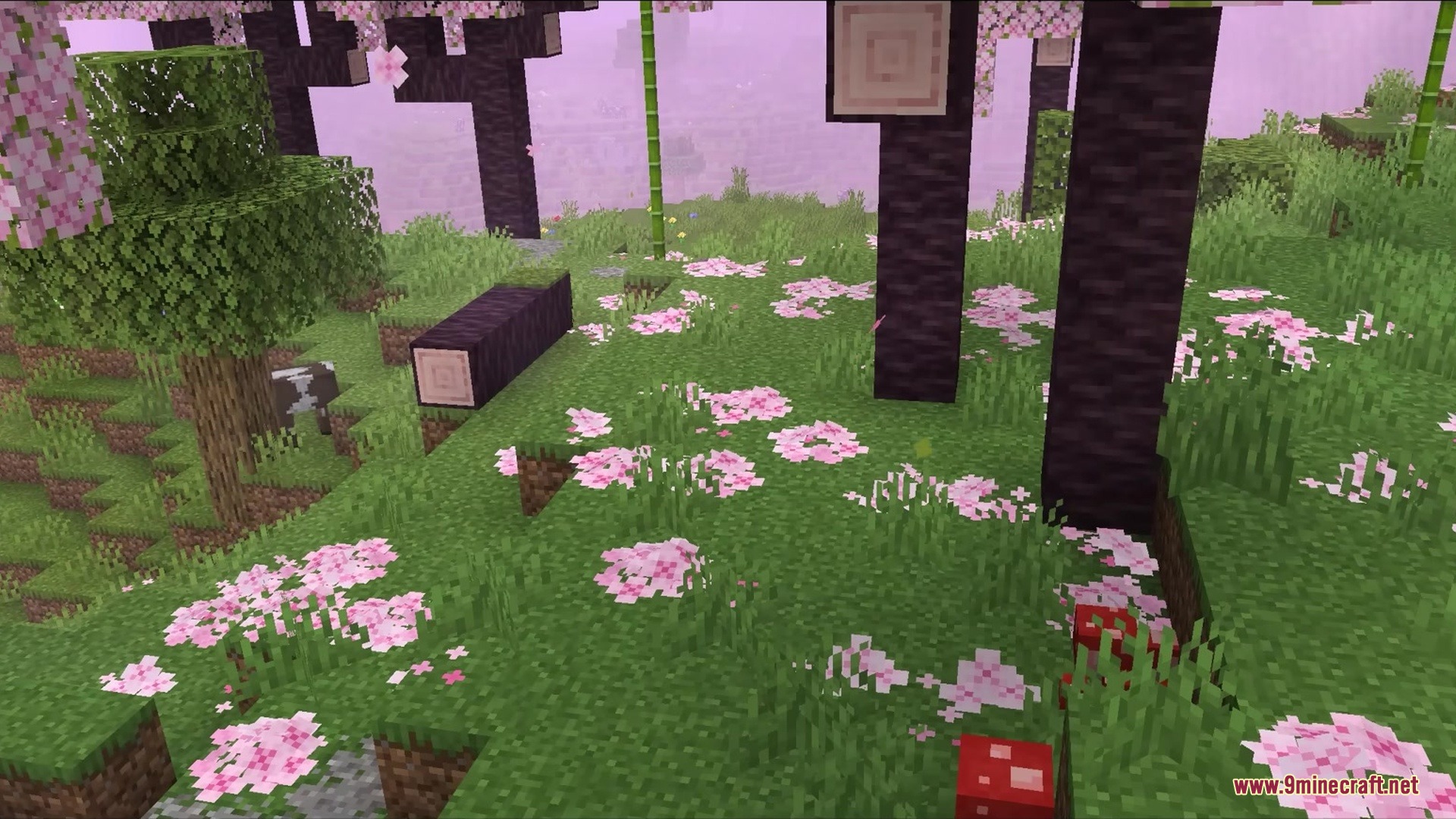 Bushy Pink Petals Wildflowers & Leaf Litter Resource Pack Screenshot 1 Thick pink petals covering the ground in a lush cherry grove biome
