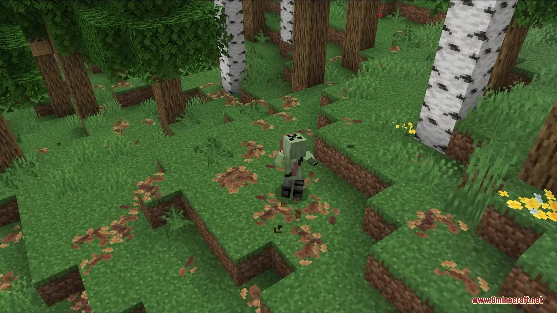 Bushy Pink Petals Wildflowers & Leaf Litter Resource Pack Screenshot 2 A zombie stands among detailed leaf litter on the grassy forest floor