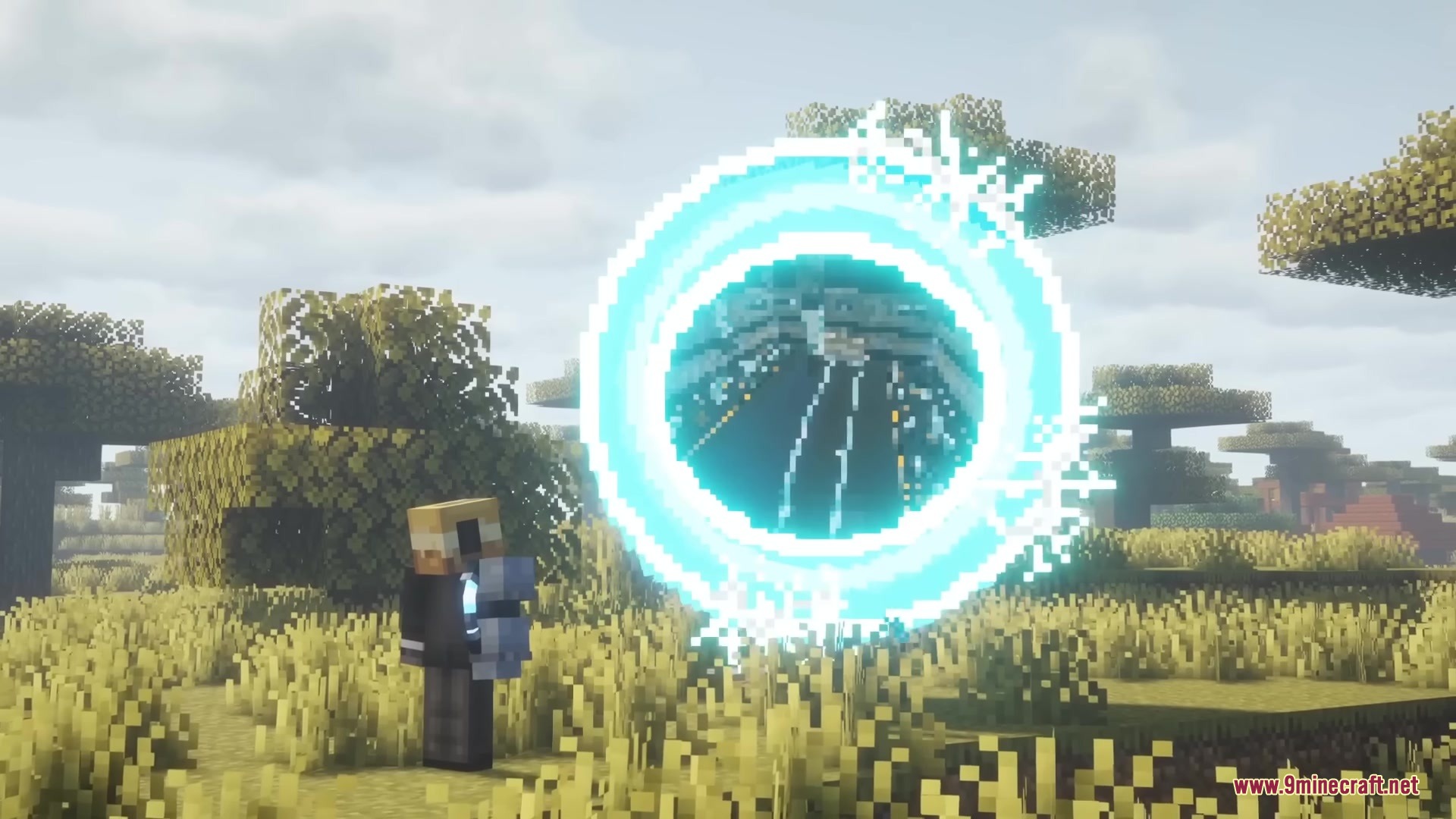 Player standing near a glowing blue portal in a savanna biome