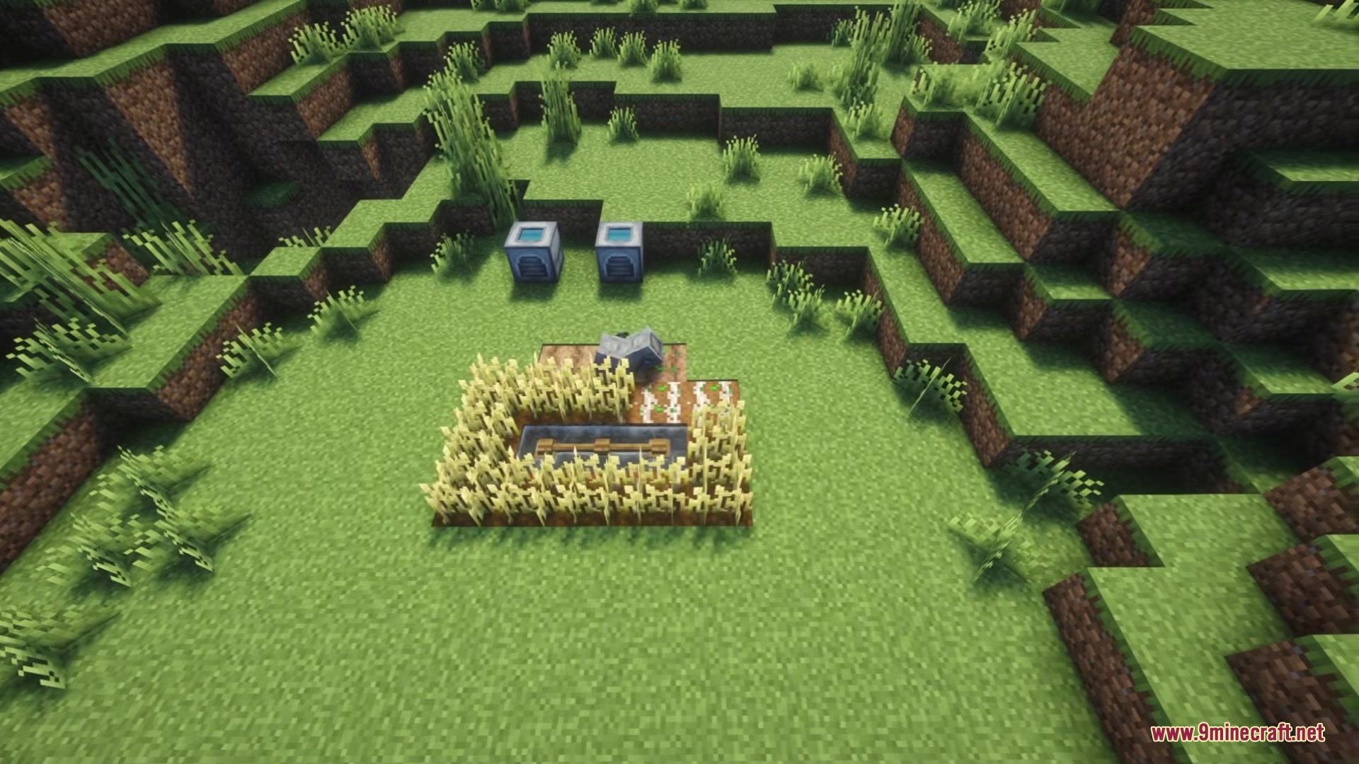 Mechanical helper farming wheat near a docking station in a valley