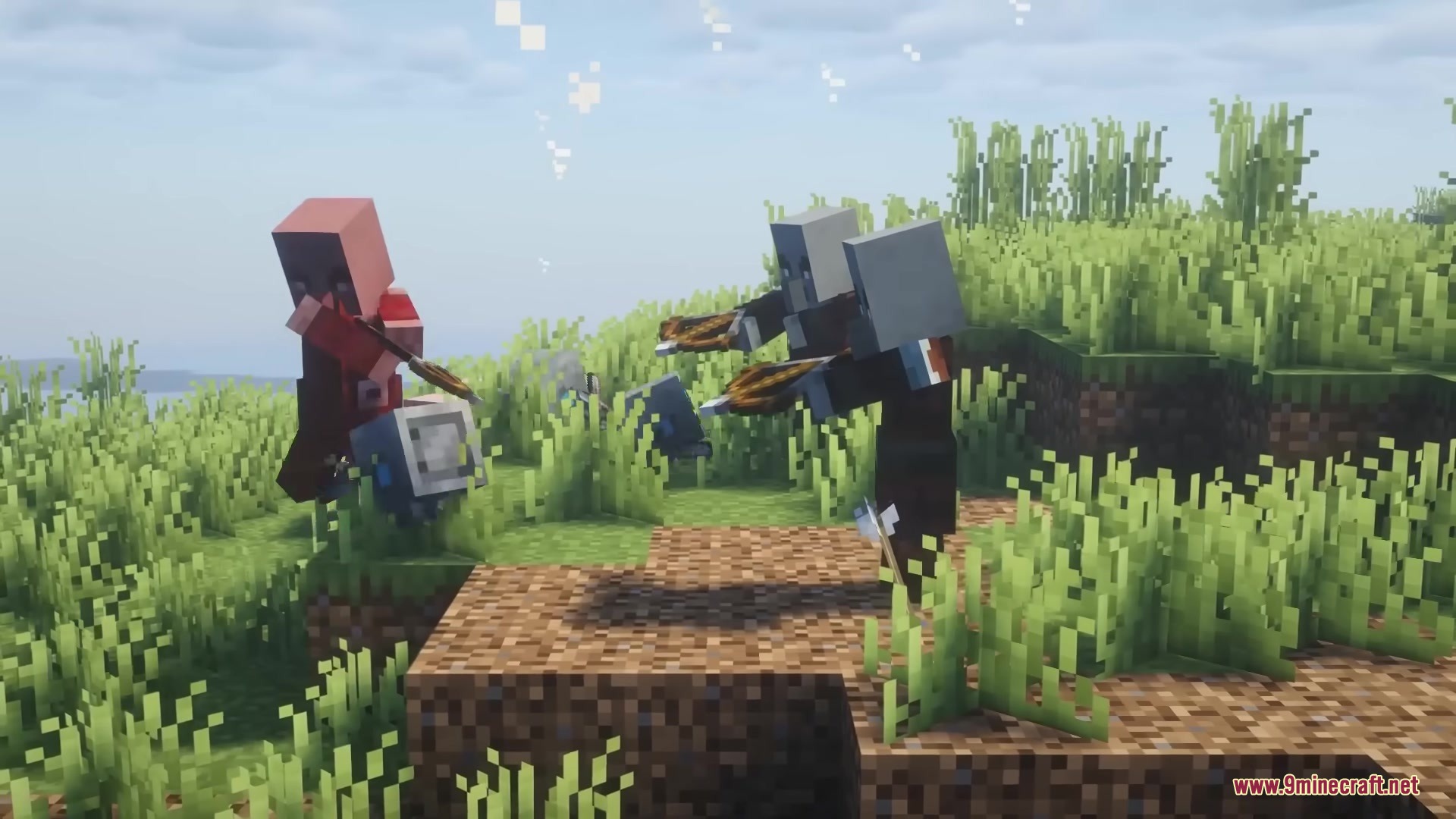 Pillagers attacking a small mechanical robot helper in a grassy field