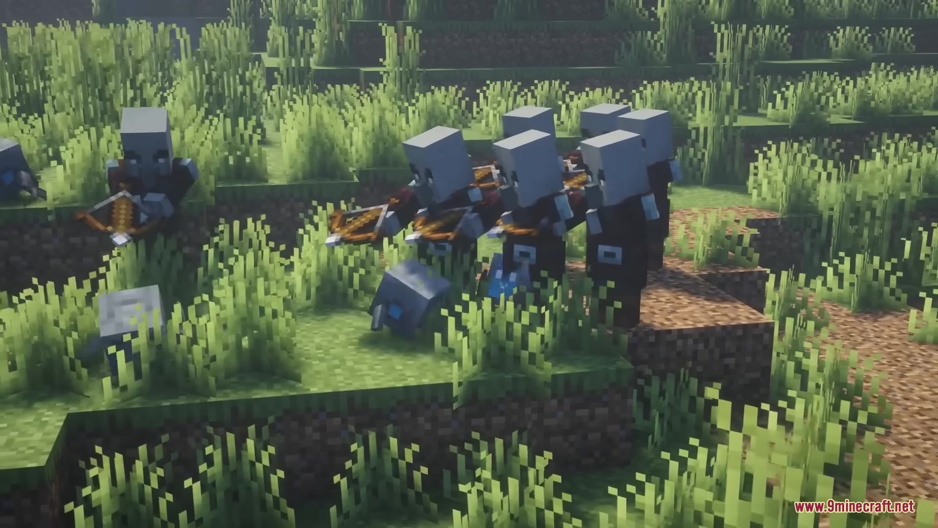 Pillagers aim crossbows at small robots in a grassy field
