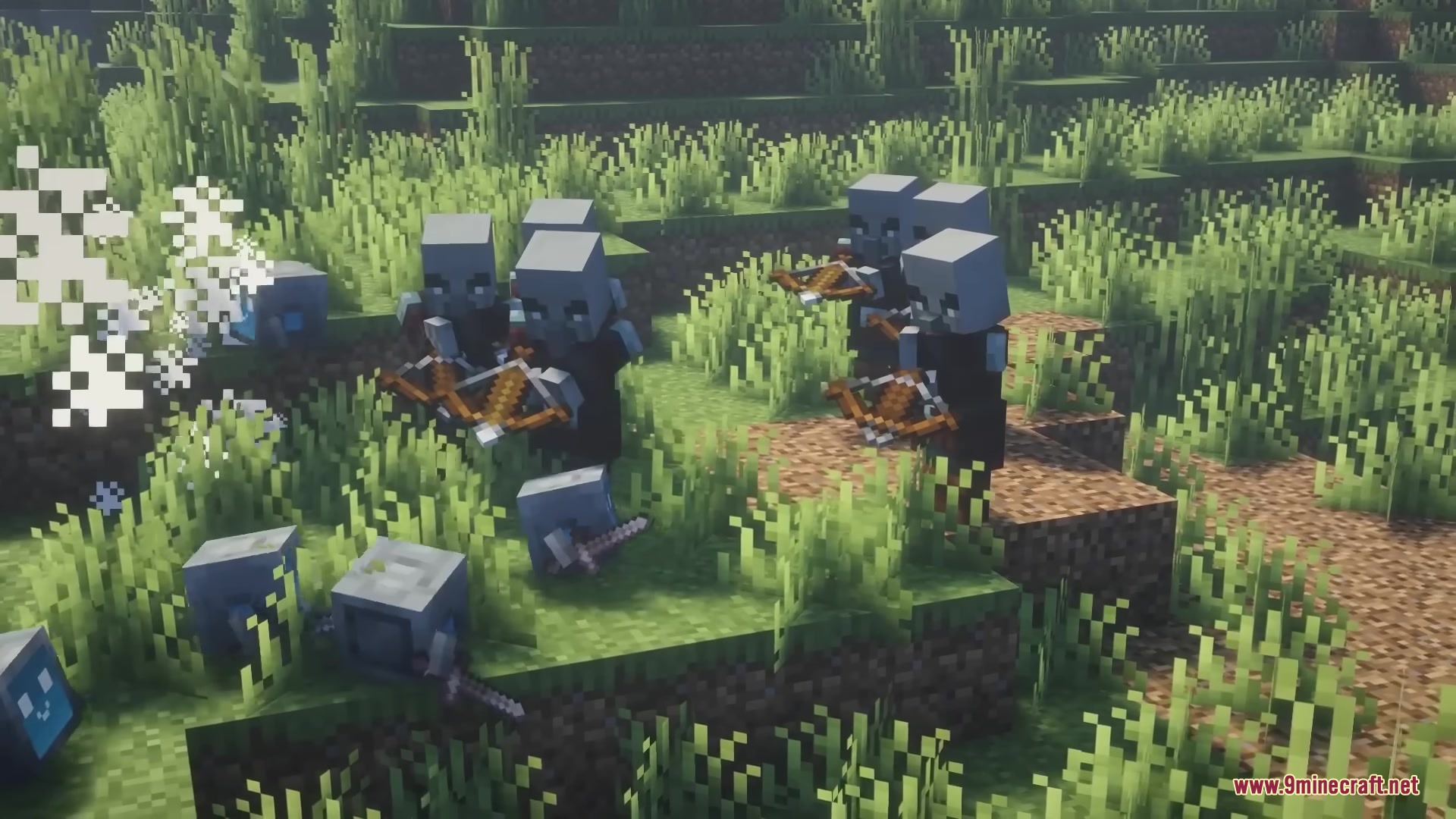 Pillagers attack small robots in a green Minecraft forest landscape