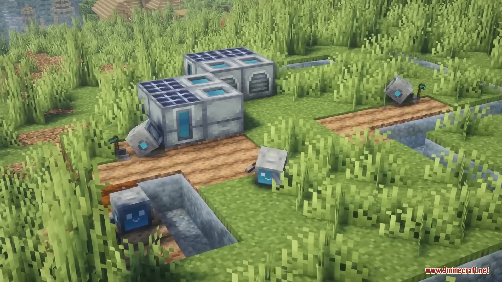 Small robots performing tasks near solar panels and docking stations