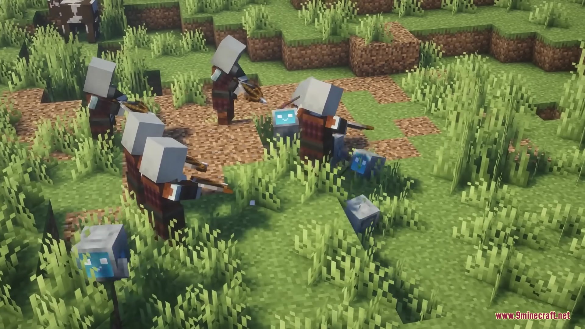 Pillagers attacking small mechanical robots with crossbows in a field