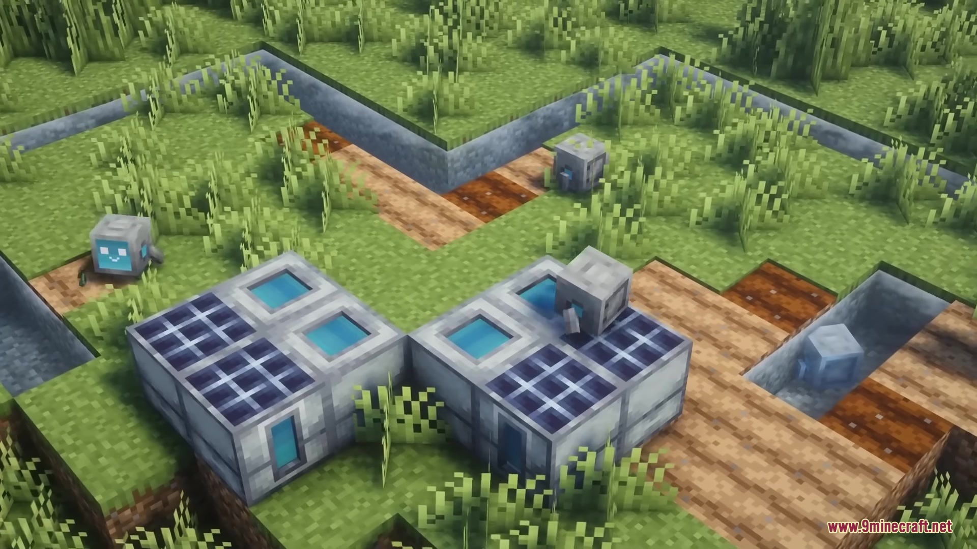 Small robots standing near solar panels and farm plots in a field