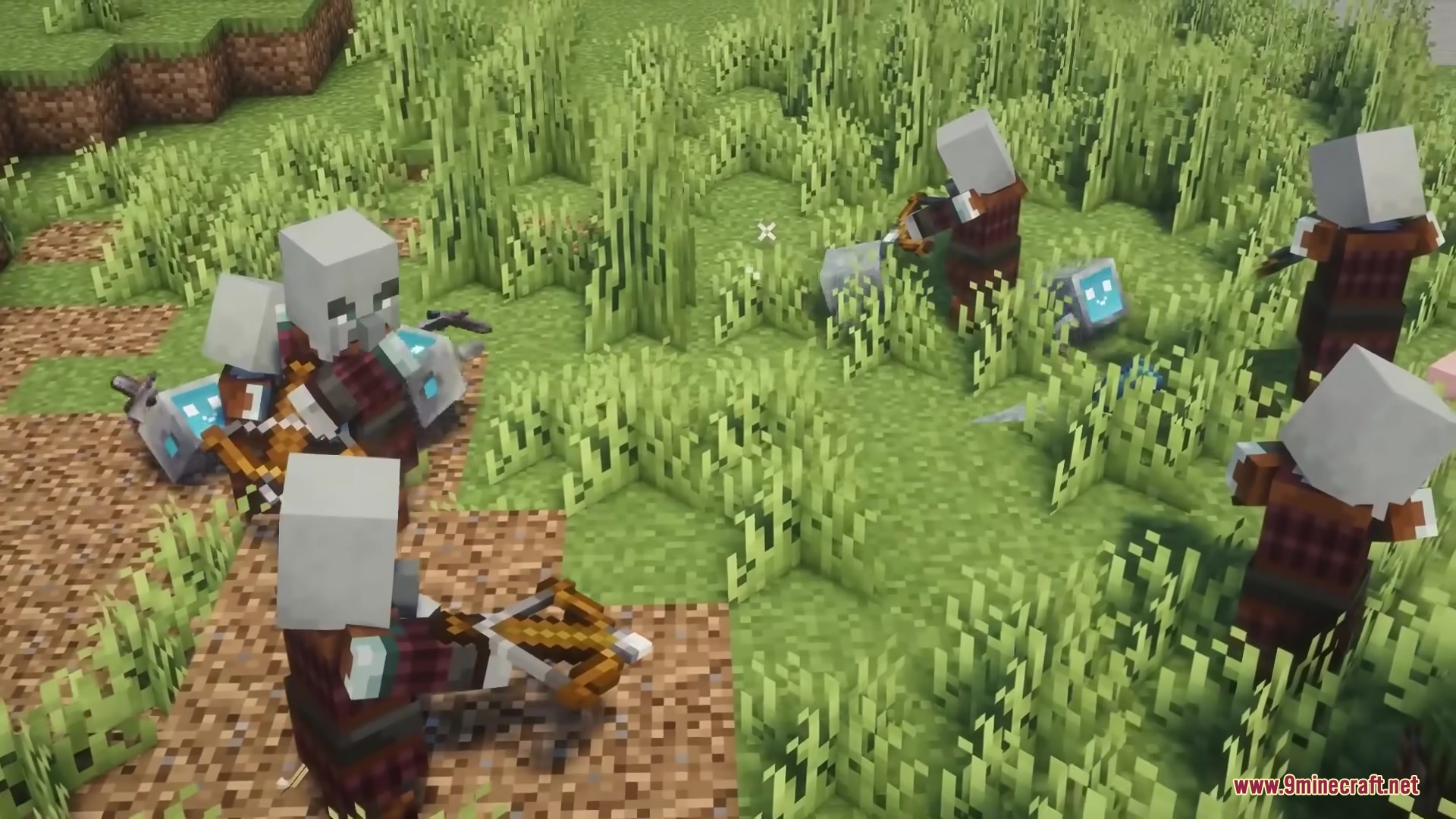 Pillagers with crossbows attacking small blue robots in a grassy area
