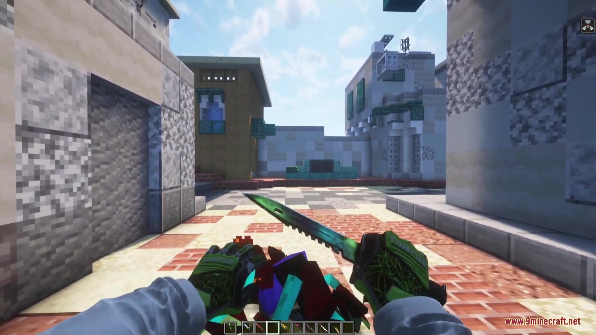 C Strifiky Resource Pack Screenshot 2 A player wielding a green Gamma Doppler knife in a Minecraft town square