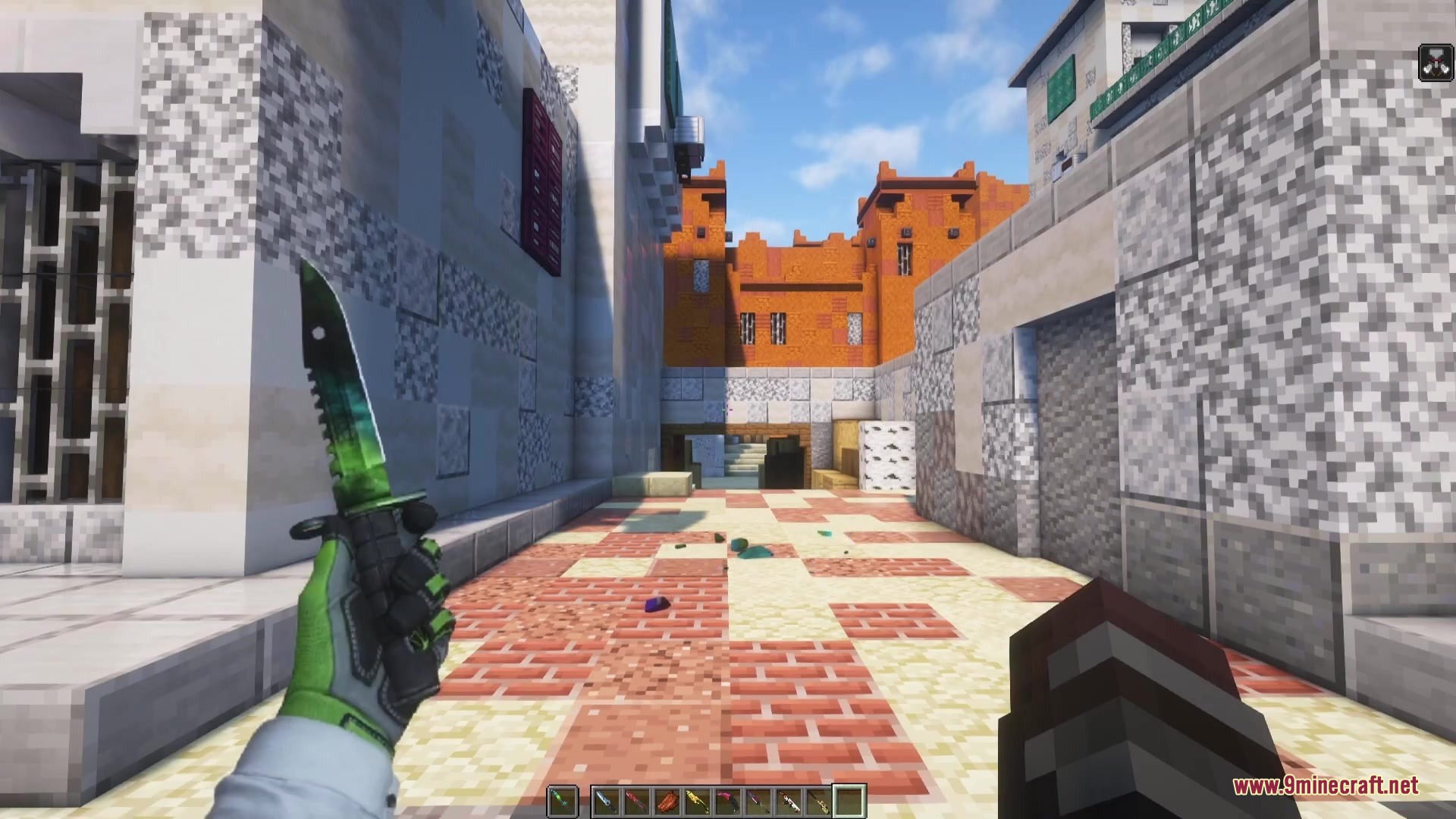 C Strifiky Resource Pack Screenshot 3 Player holding a green Gamma Doppler bayonet knife in a desert city map