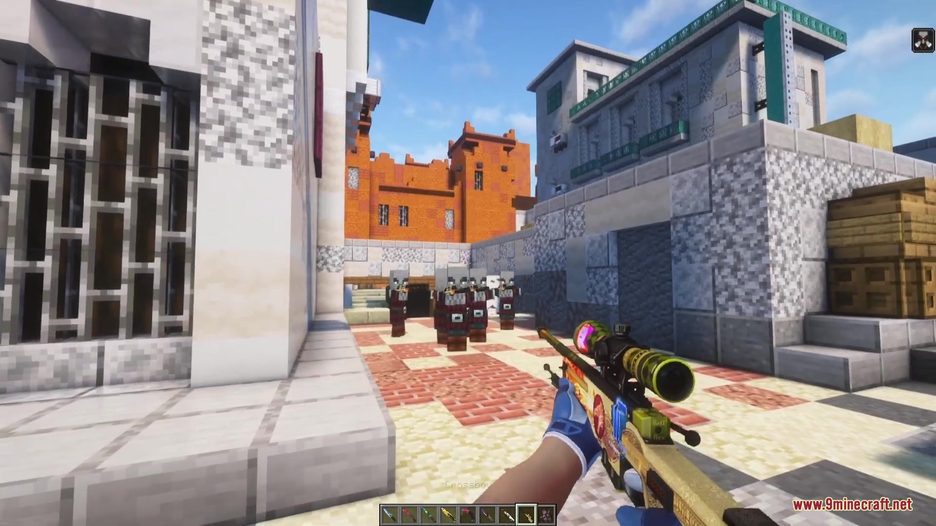 C Strifiky Resource Pack Screenshot 6 Player aiming an AWP Dragon Lore sniper rifle at a group of pillagers