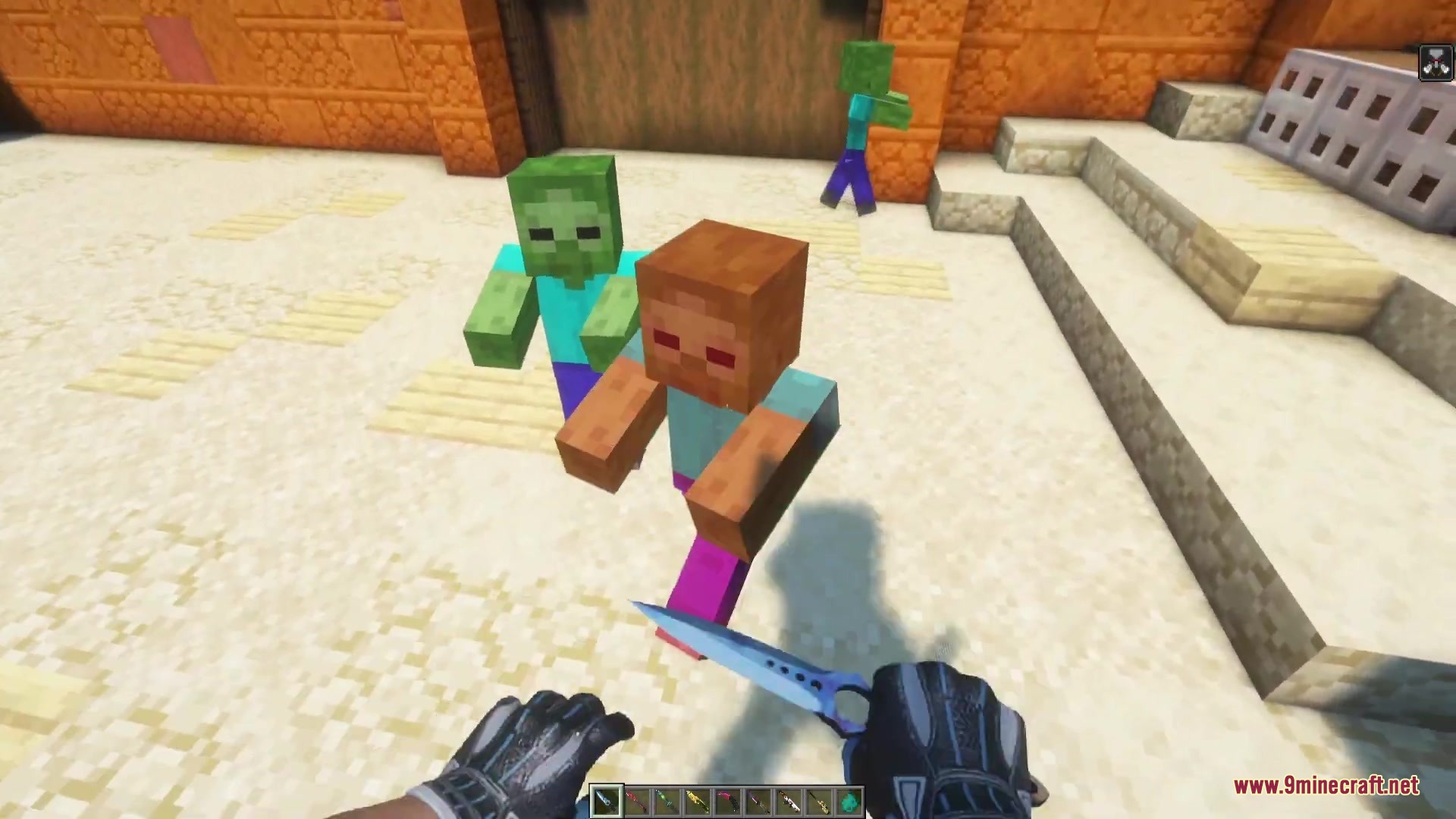 C Strifiky Resource Pack Screenshot 8 Minecraft player wielding a Case Hardened Skeleton Knife against a group of zombies