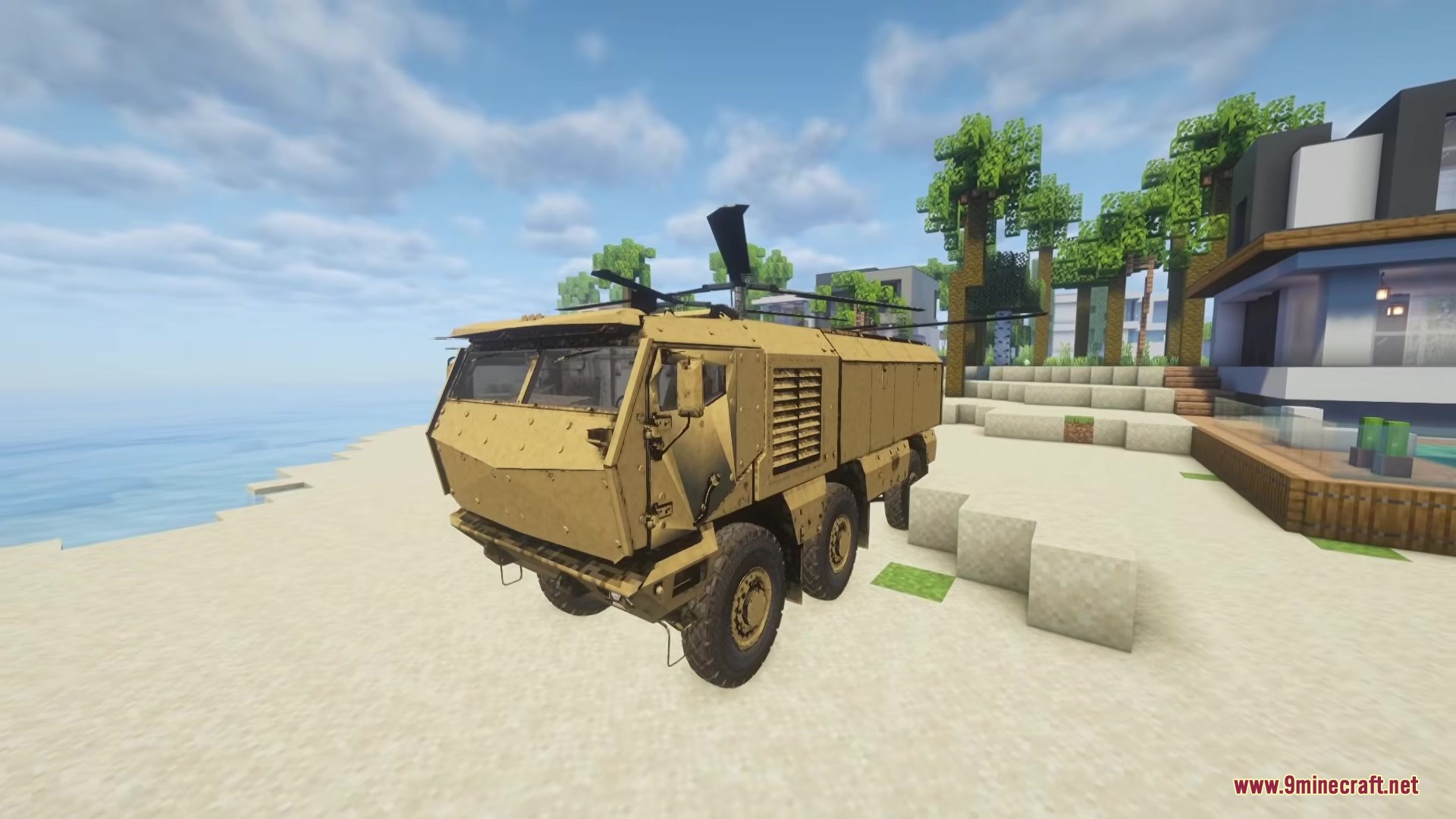 C.M.A Immersive Vehicles IV MTS Citizens Military Aviation Trasport Pack Mod Screenshot 1 A tan military missile truck parked on a sandy beach in Minecraft