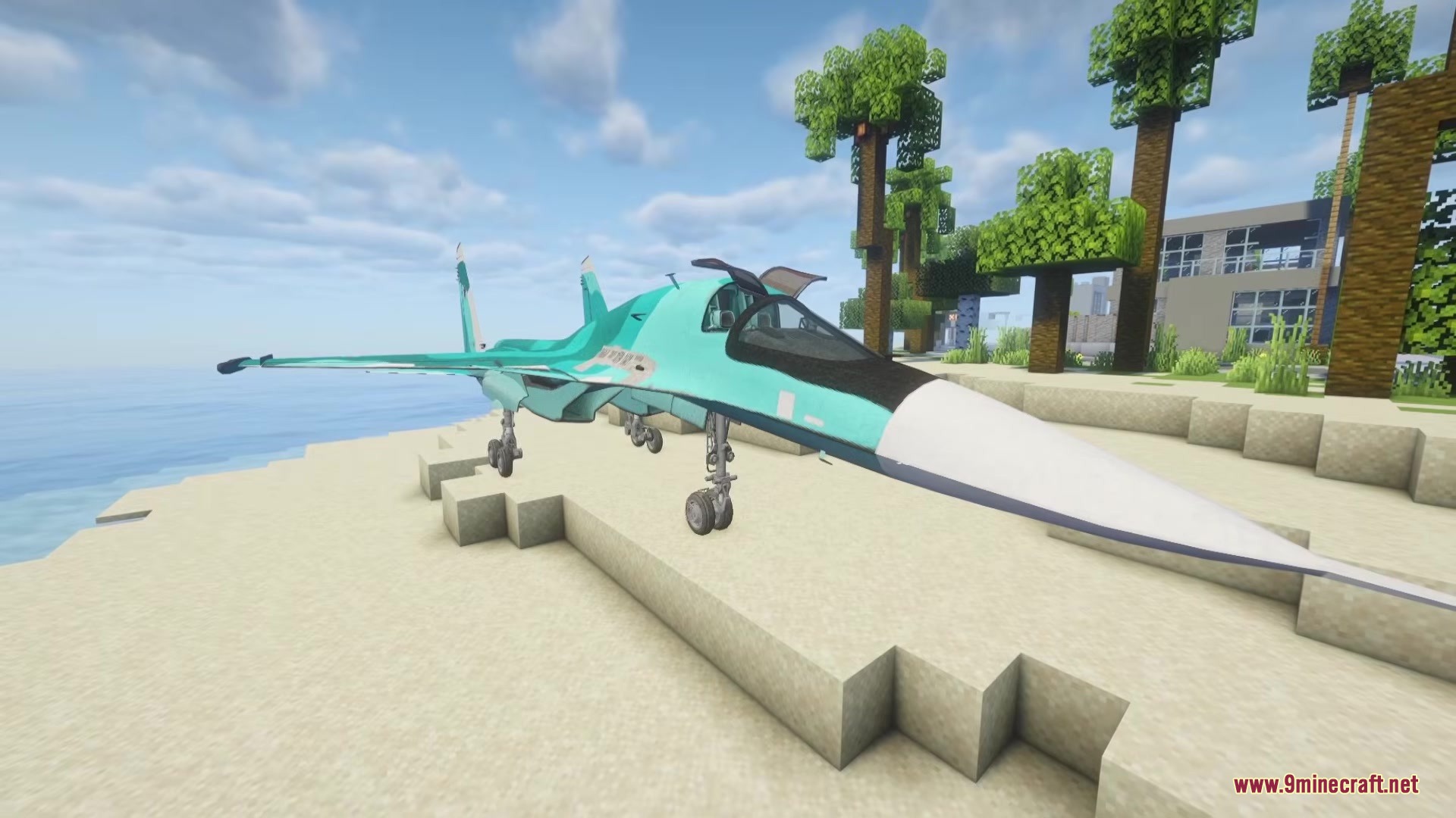 C.M.A Immersive Vehicles IV MTS Citizens Military Aviation Trasport Pack Mod Screenshot 2 A teal fighter jet parked on a sandy beach near palm trees