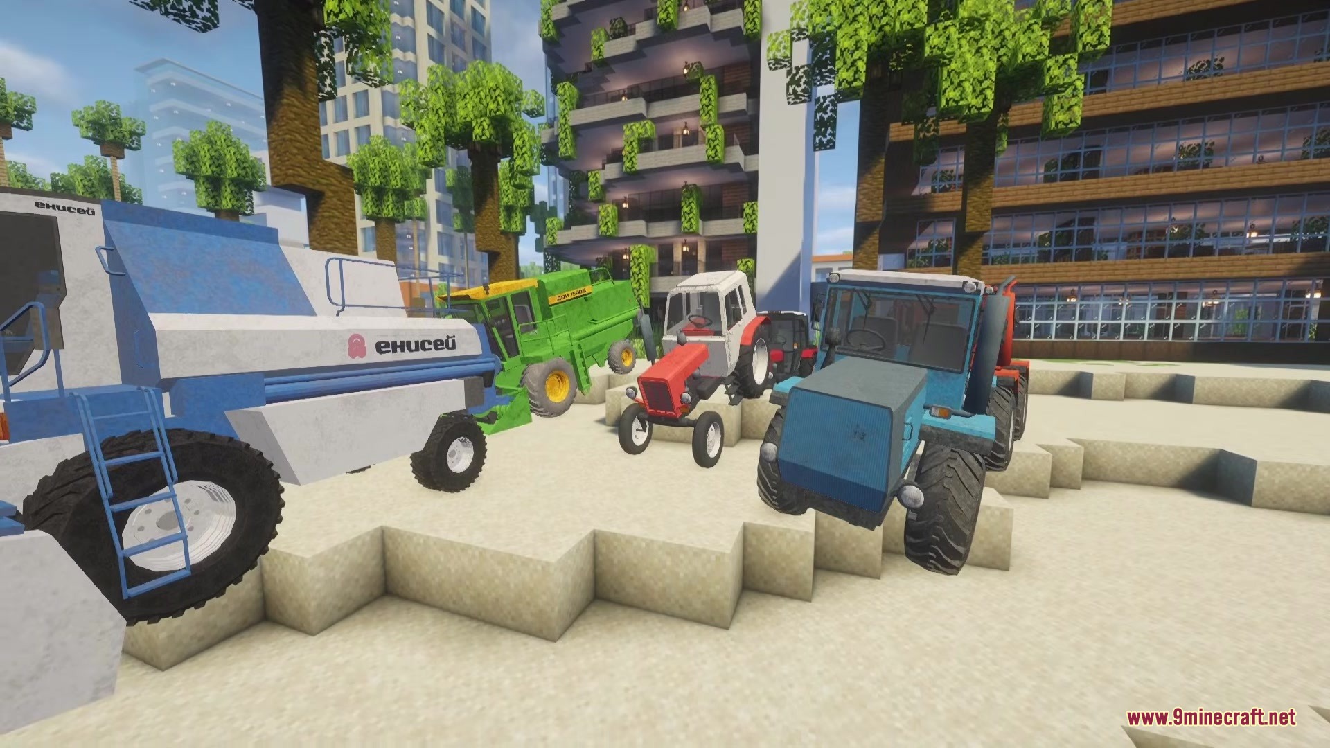 C.M.A Immersive Vehicles IV MTS Citizens Military Aviation Trasport Pack Mod Screenshot 4 Various agricultural tractors and harvesters parked in a modern Minecraft city