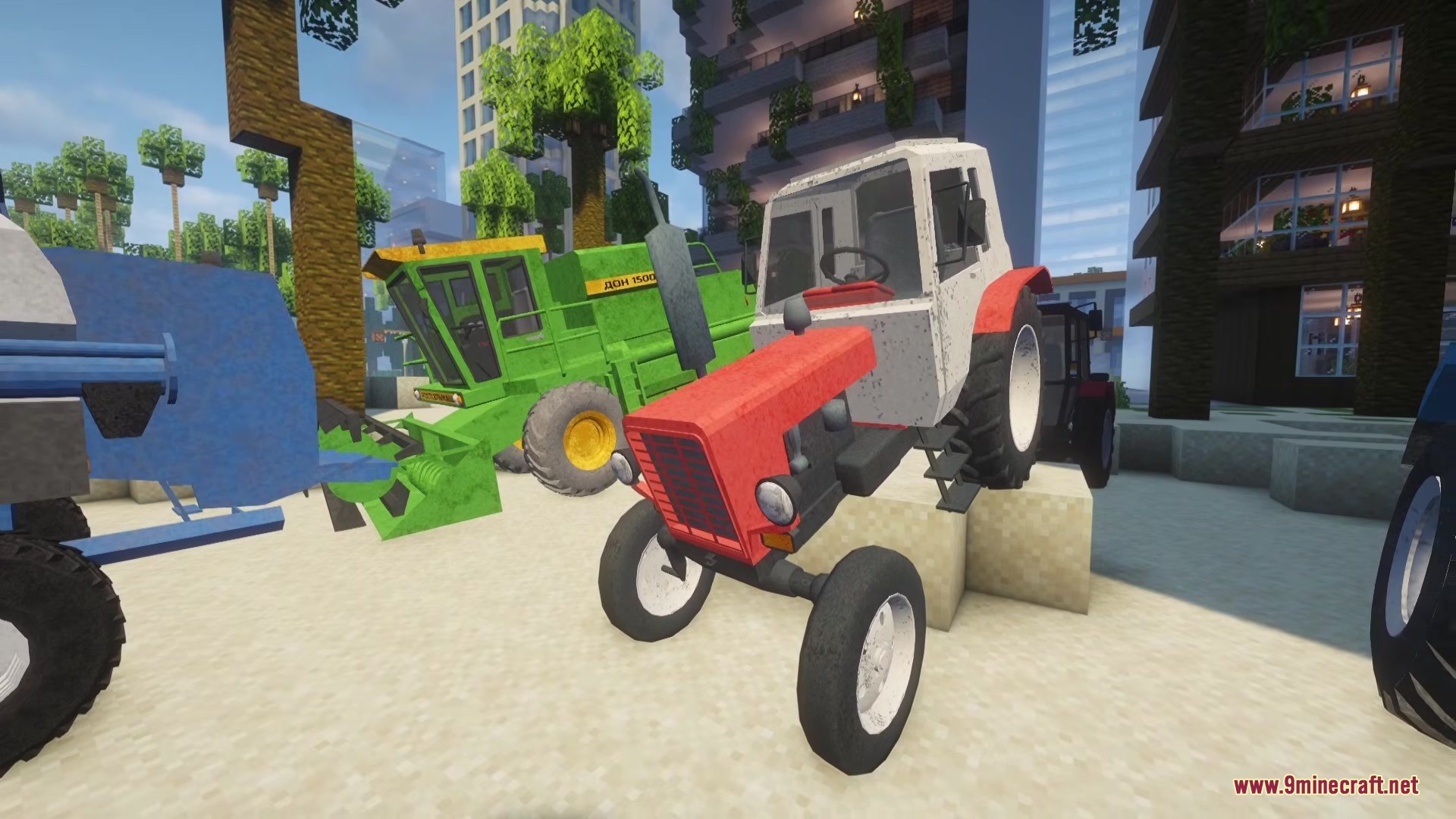 C.M.A Immersive Vehicles IV MTS Citizens Military Aviation Trasport Pack Mod Screenshot 5 Red MTZ tractor and green harvester parked in a modern city environment