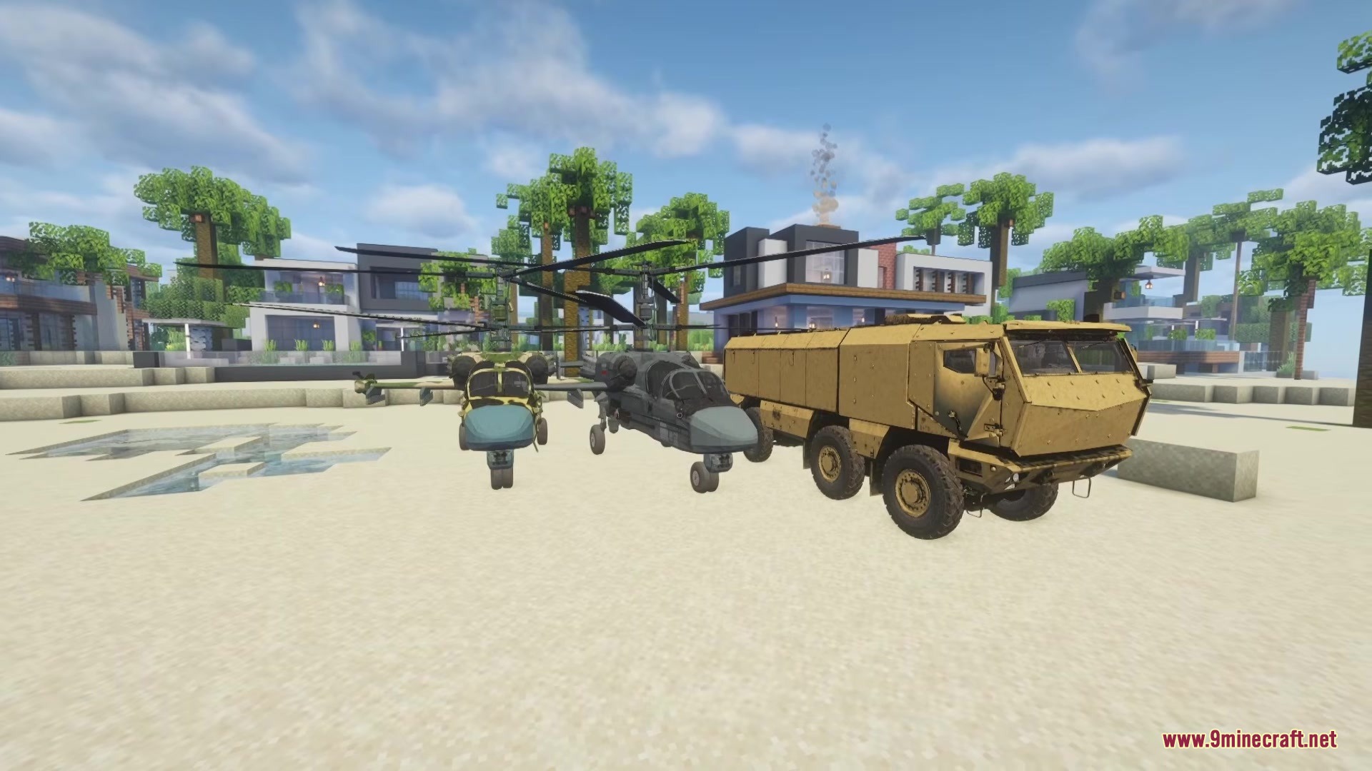 C.M.A Immersive Vehicles IV MTS Citizens Military Aviation Trasport Pack Mod Screenshot 6 Military attack helicopters and a heavy transport truck parked on the sand
