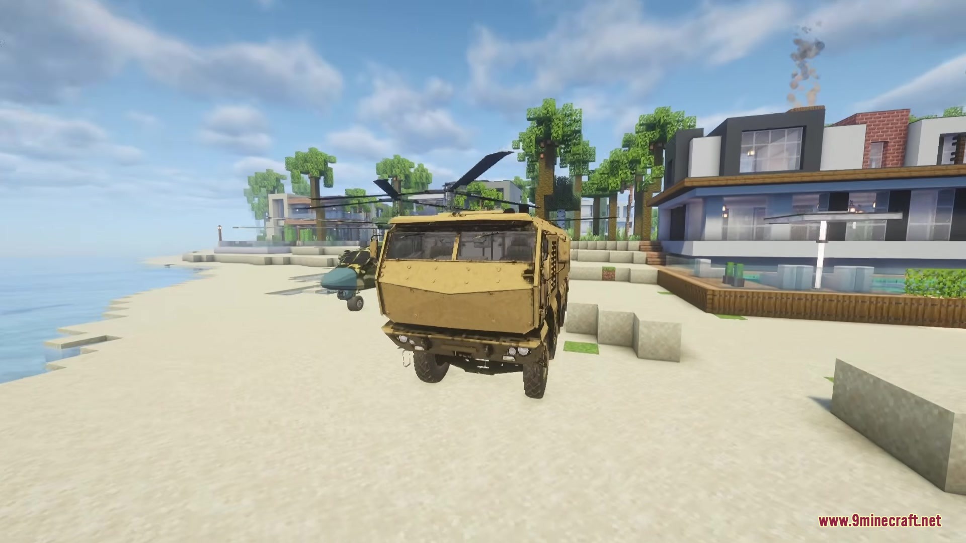 C.M.A Immersive Vehicles IV MTS Citizens Military Aviation Trasport Pack Mod Screenshot 7 A tan military transport truck and helicopter parked on a sandy beach