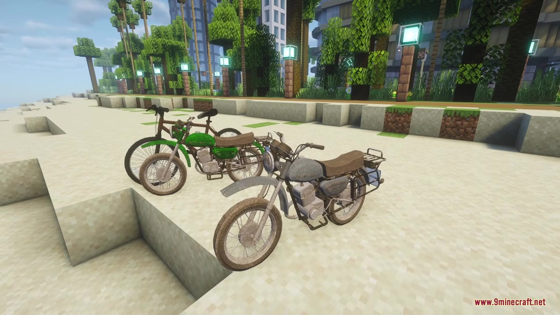 C.M.A Immersive Vehicles IV MTS Citizens Military Aviation Trasport Pack Mod Screenshot 8 Two motorcycles and a bicycle parked on a beach near palm trees