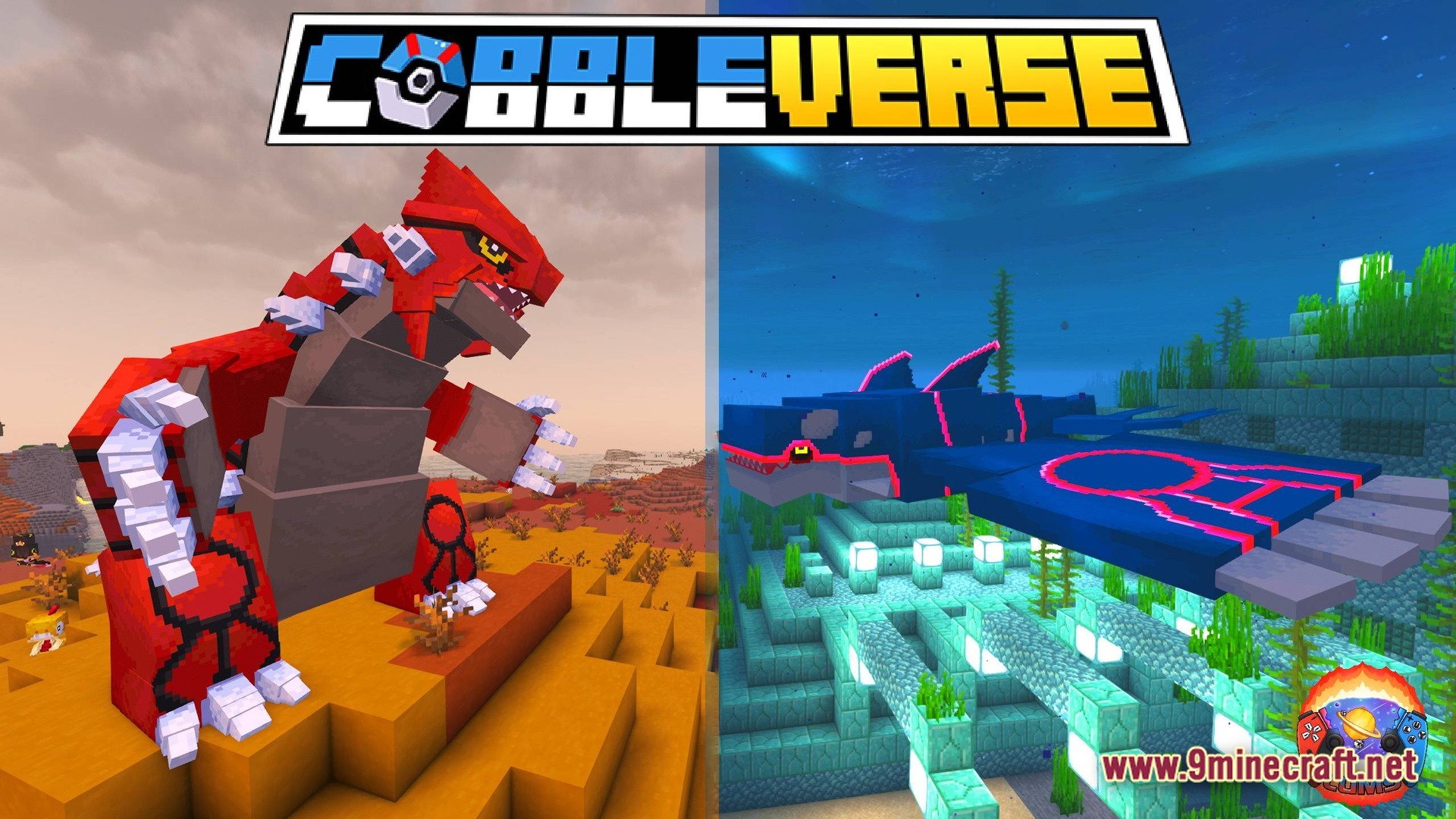 COBBLEVERSE Pokemon Adventure Modpack Screenshot 1 Groudon and Kyogre models standing in desert and ocean biomes within the Cobbleverse Minecraft modpack