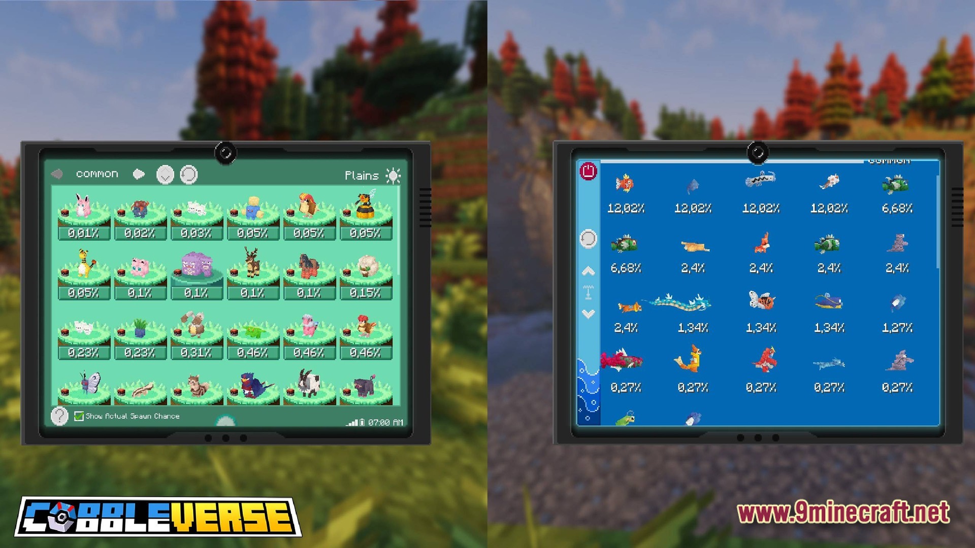 COBBLEVERSE Pokemon Adventure Modpack Screenshot 10 A digital interface displaying Pokémon spawn rates and encounter chances for different biomes and environments