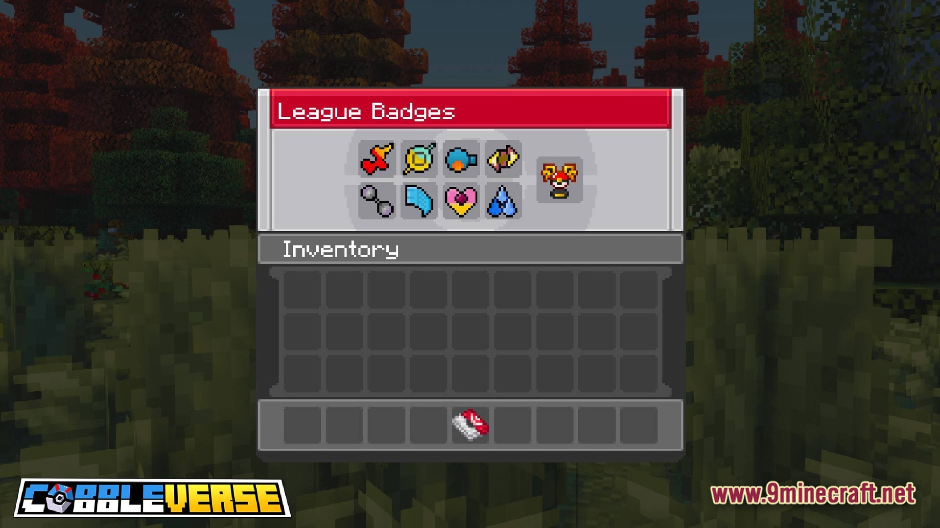 COBBLEVERSE Pokemon Adventure Modpack Screenshot 2 A custom user interface displays collected League Badges and a player inventory over a forest biome