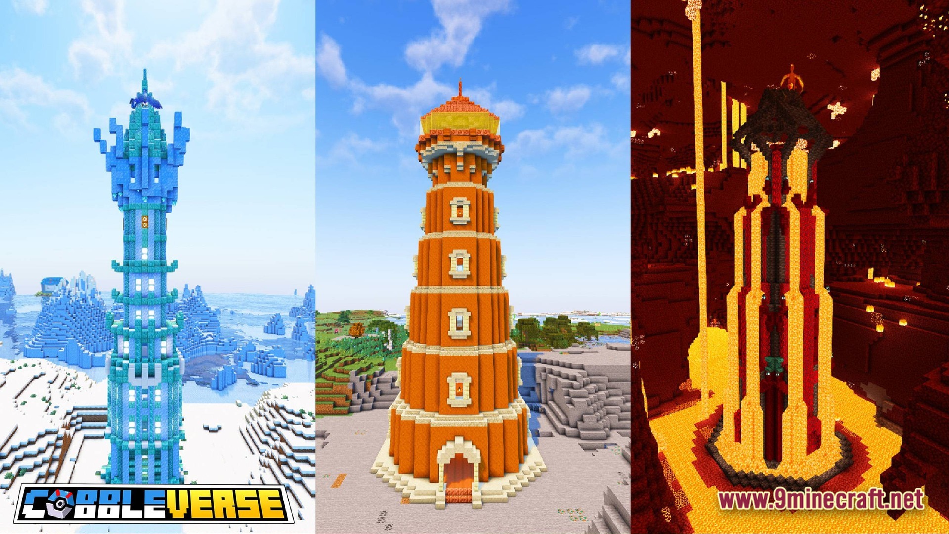COBBLEVERSE Pokemon Adventure Modpack Screenshot 3 Three distinct towers located in ice, plains, and Nether biomes within the Cobbleverse modpack