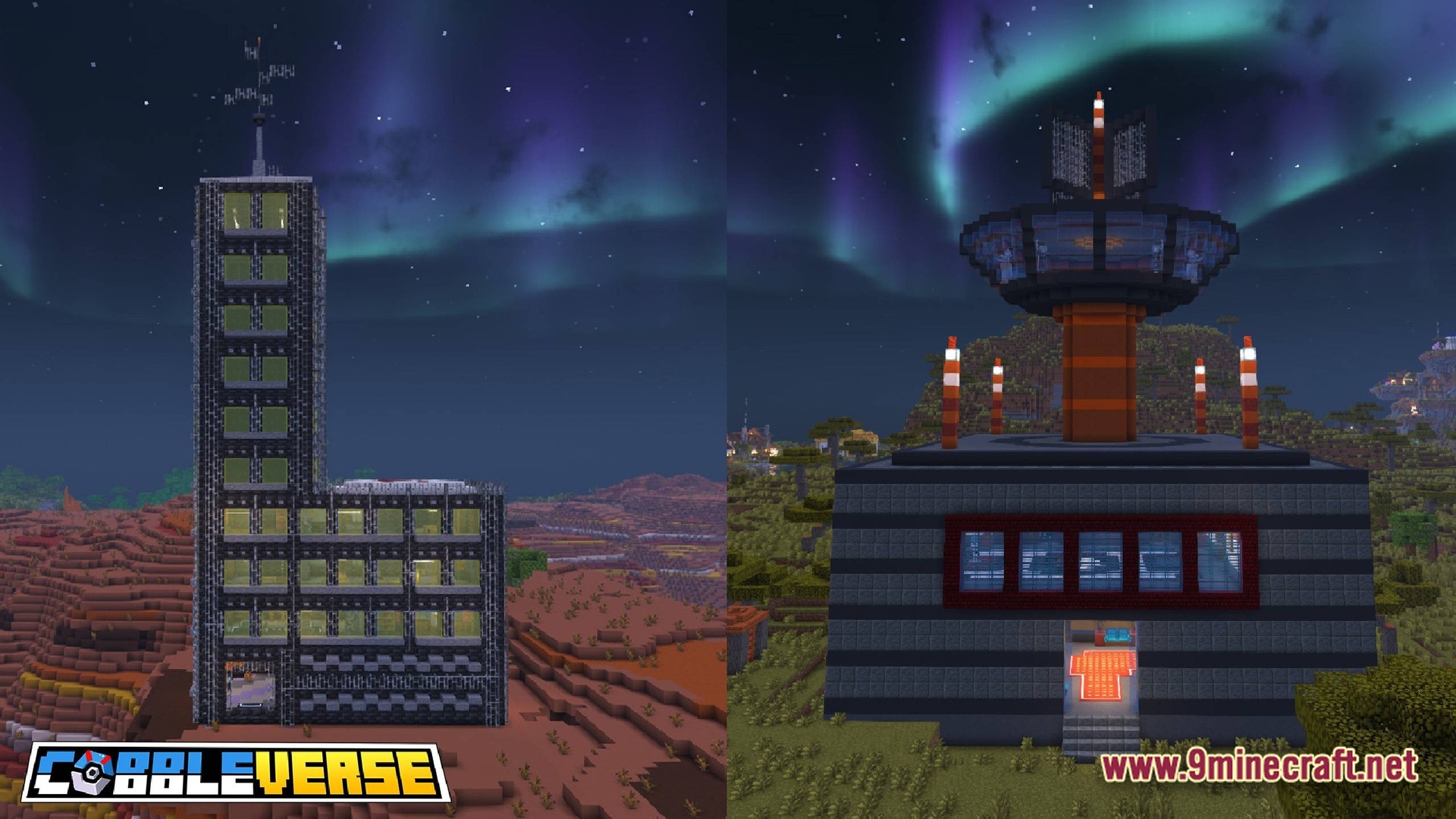 COBBLEVERSE Pokemon Adventure Modpack Screenshot 4 Two modern buildings stand under a starry night sky with an aurora borealis effect
