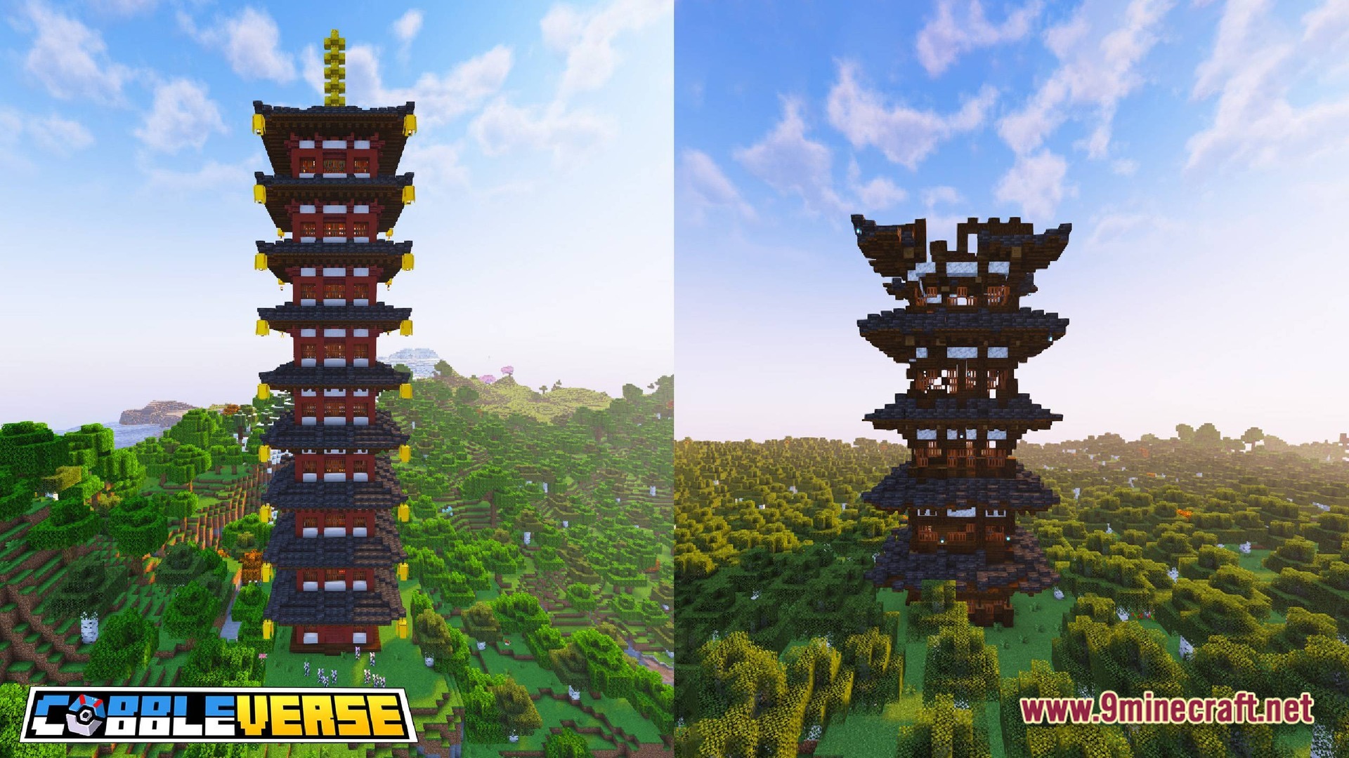 COBBLEVERSE Pokemon Adventure Modpack Screenshot 5 Two large Japanese-style pagoda structures standing within a lush green forest biome under a clear sky