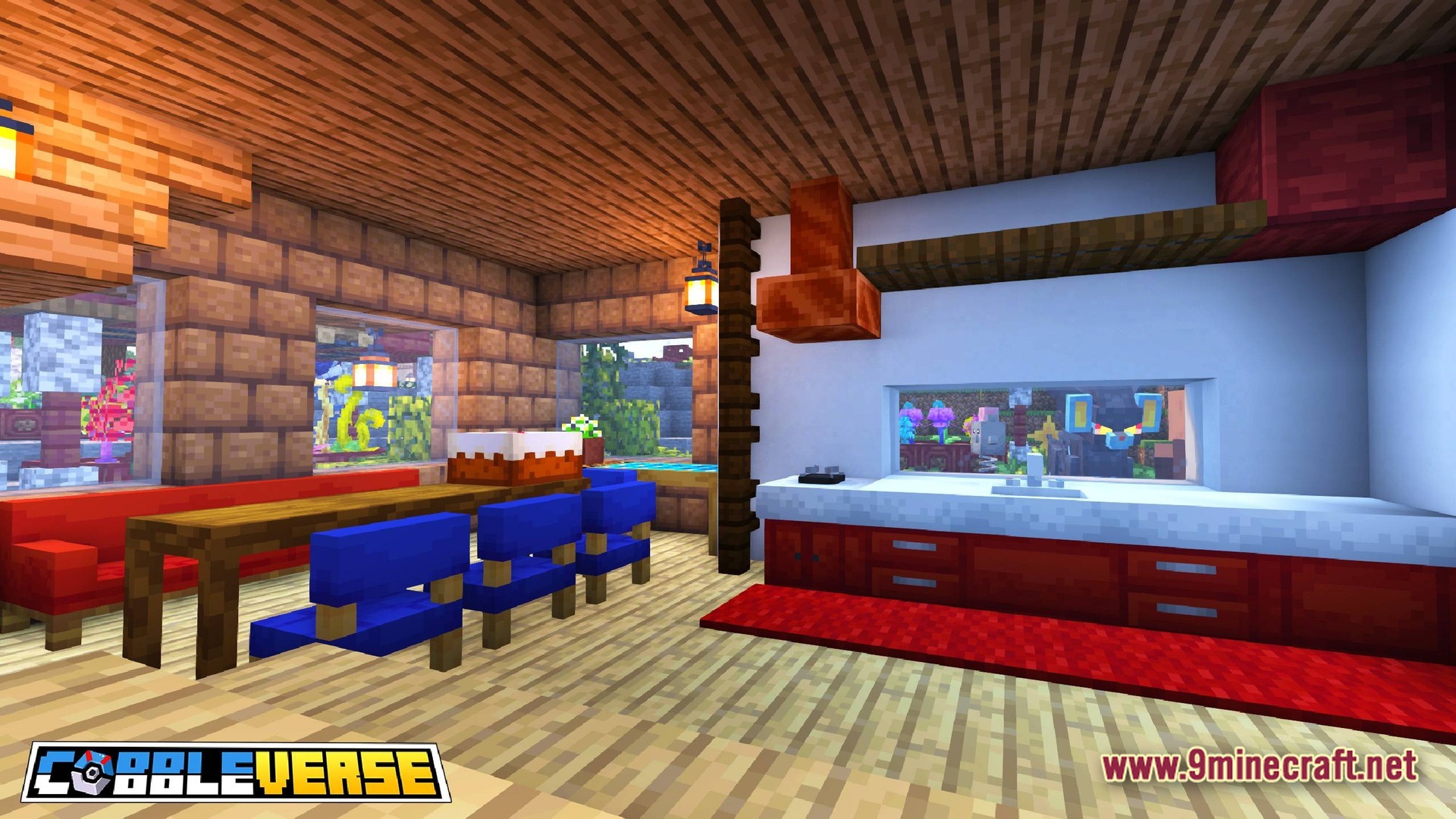 COBBLEVERSE Pokemon Adventure Modpack Screenshot 6 A modern Minecraft kitchen and dining area featuring custom furniture with a Luxray visible outside