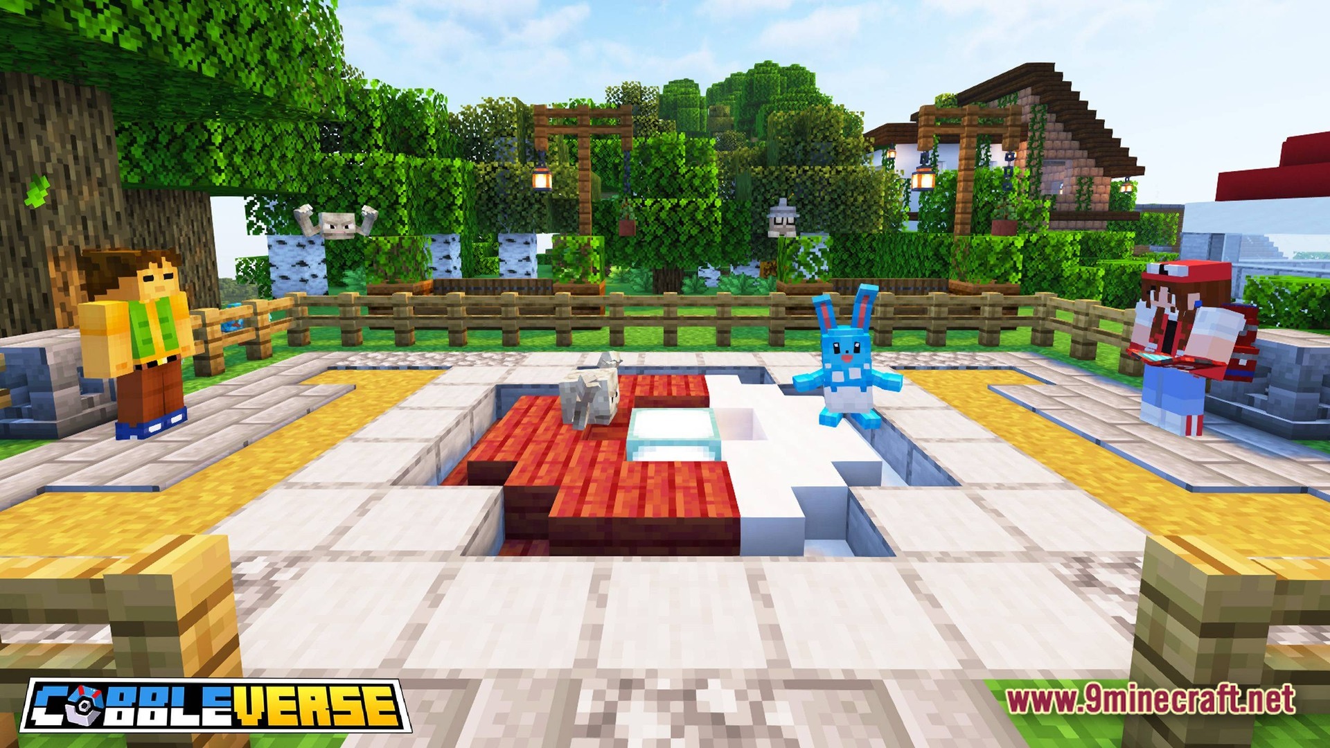 COBBLEVERSE Pokemon Adventure Modpack Screenshot 7 Two players stand near a Pokéball-themed battle arena featuring Azumarill and Geodude in a forest