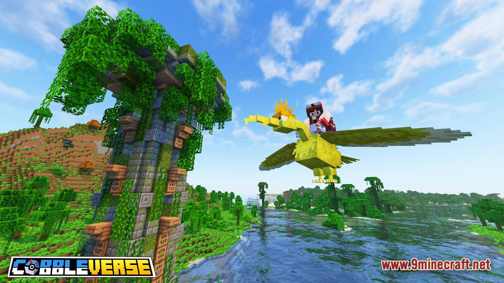 COBBLEVERSE Pokemon Adventure Modpack Screenshot 8 A player rides a shiny Fearow past a stone tower in a lush jungle river biome