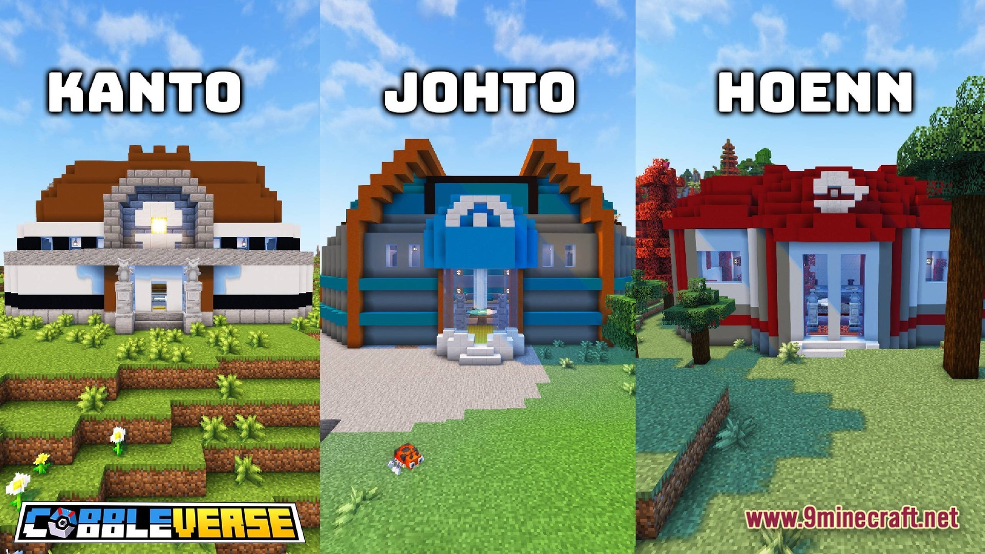 COBBLEVERSE Pokemon Adventure Modpack Screenshot 9 Three distinct Pokémon Center structures representing the Kanto, Johto, and Hoenn regions in a Minecraft world