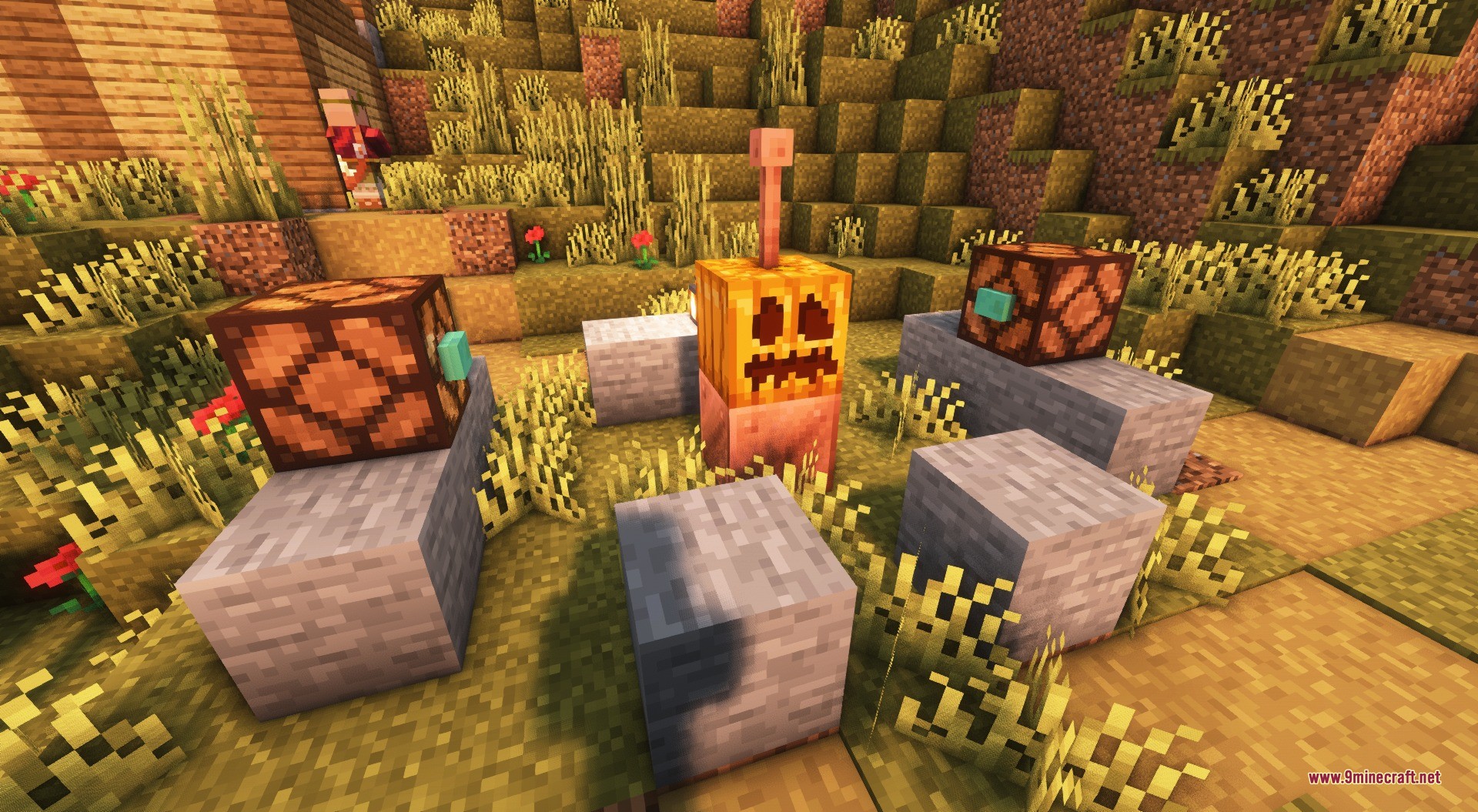 Copper Golem standing in a circle of stone blocks and redstone lamps