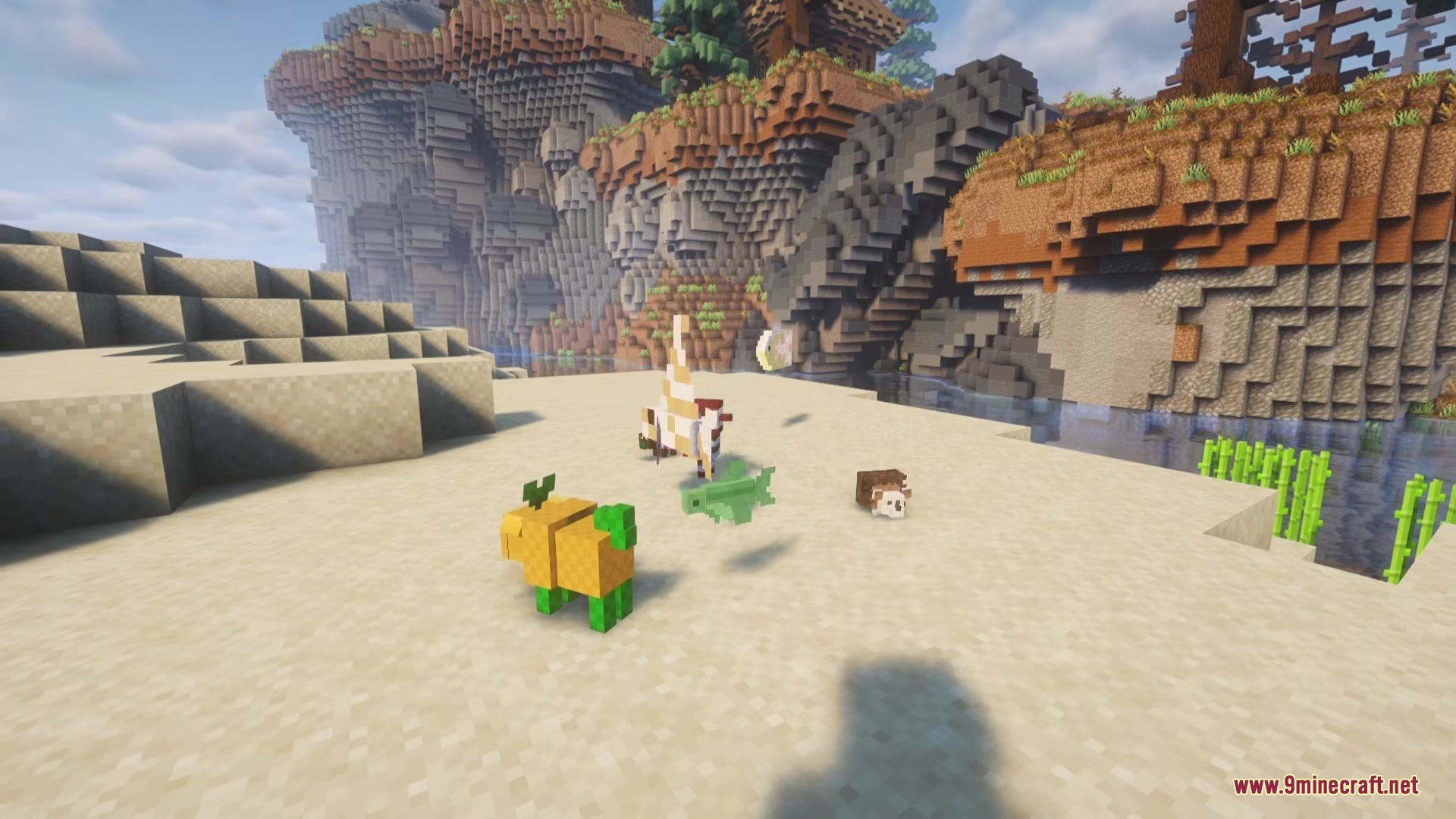 Candyverse Mod Screenshot 2 Unique candy creatures like gummy fish and pineapple pigs gather on a beach