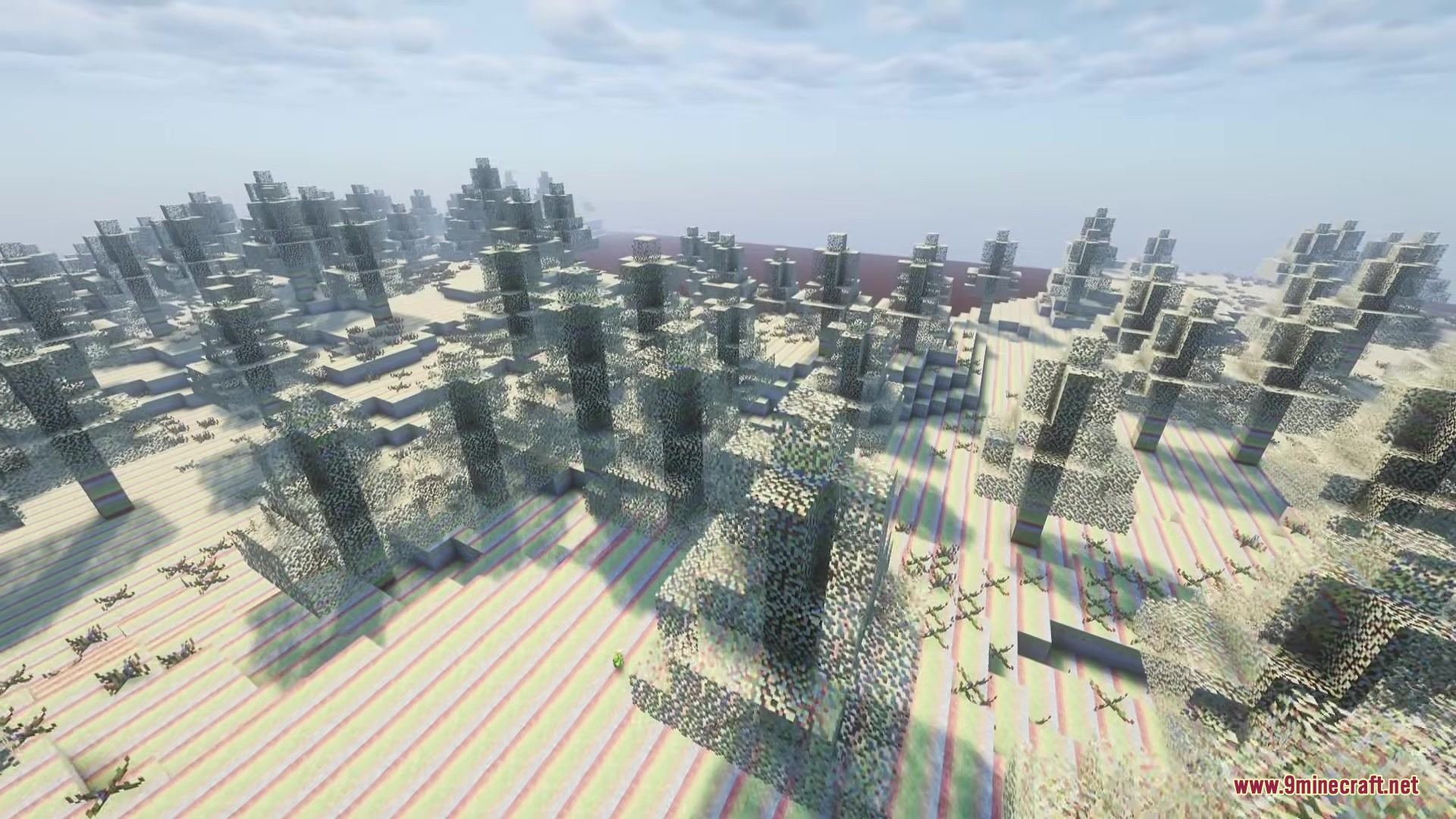 Candyverse Mod Screenshot 4 A landscape view of rainbow striped ground and tall candyfloss trees