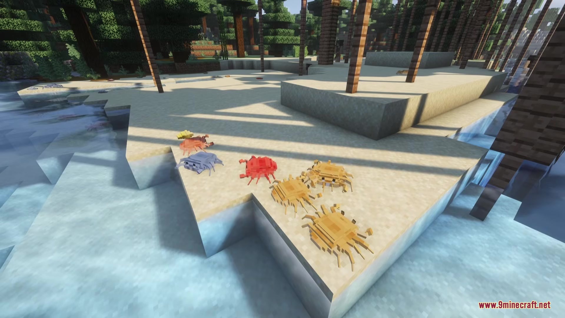 Cannibal Villages Mod Screenshot 4 Colorful crabs of various sizes gathered on the sand near the ocean shore