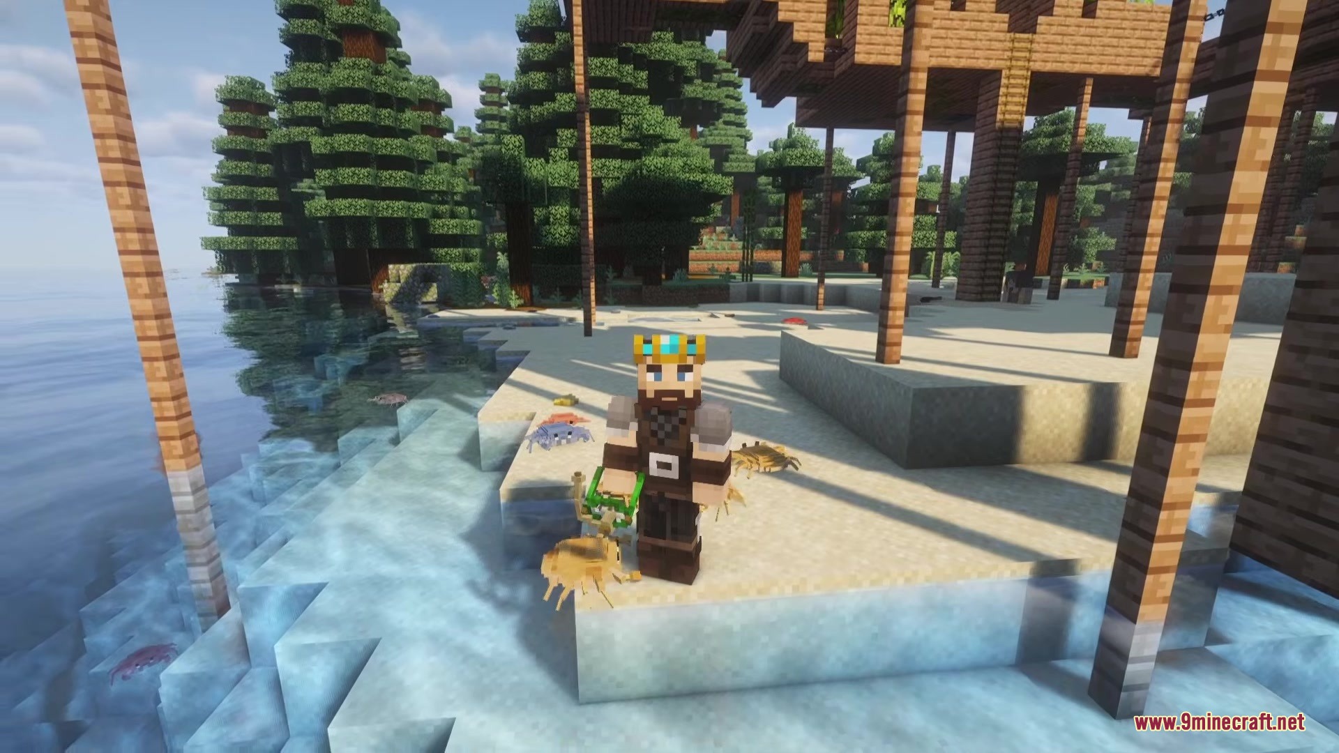 Cannibal Villages Mod Screenshot 5 A player wearing a crown stands on a beach surrounded by many colorful crabs