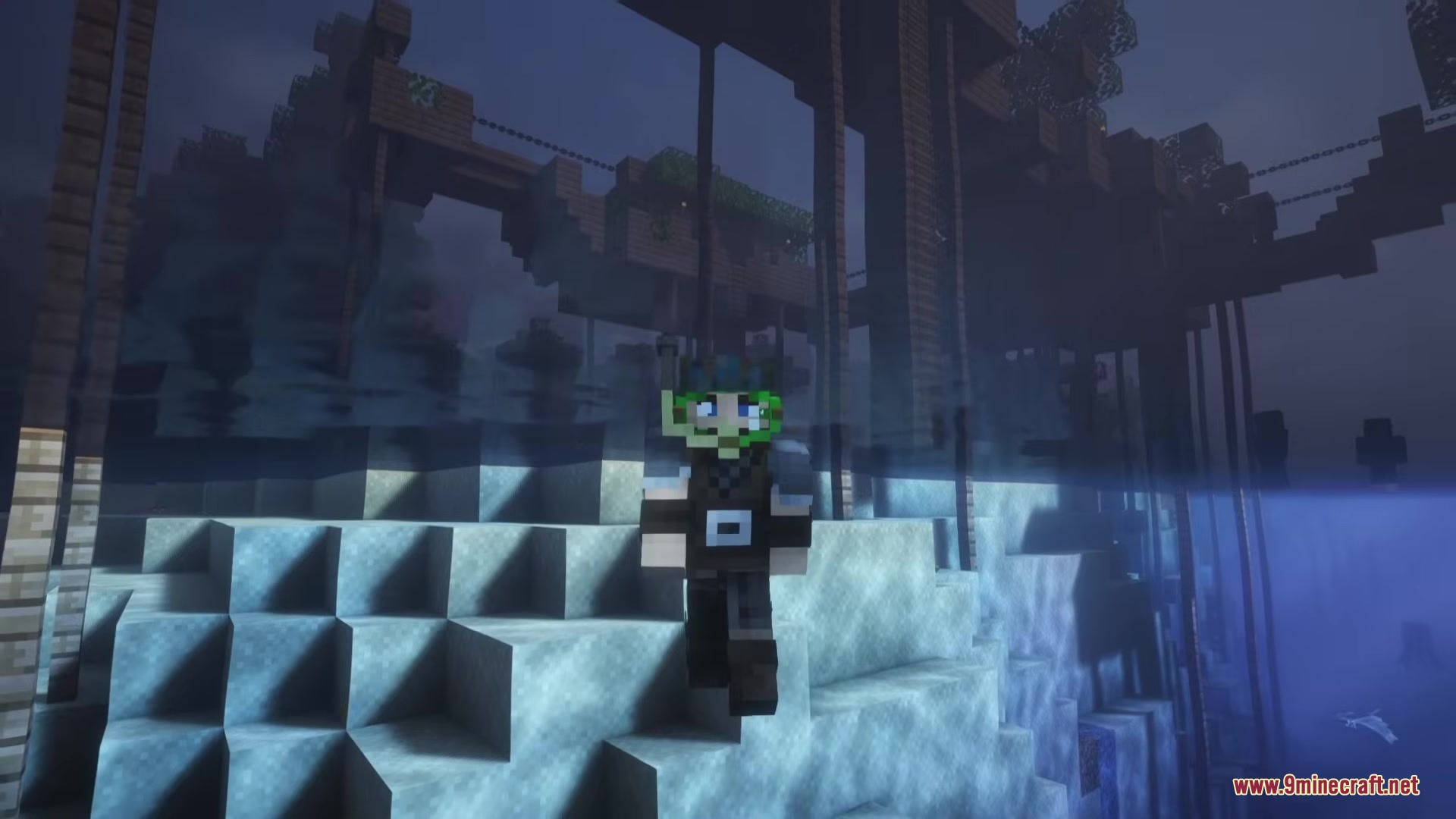Cannibal Villages Mod Screenshot 6 Minecraft character swims underwater near white blocks beneath a large wooden structure