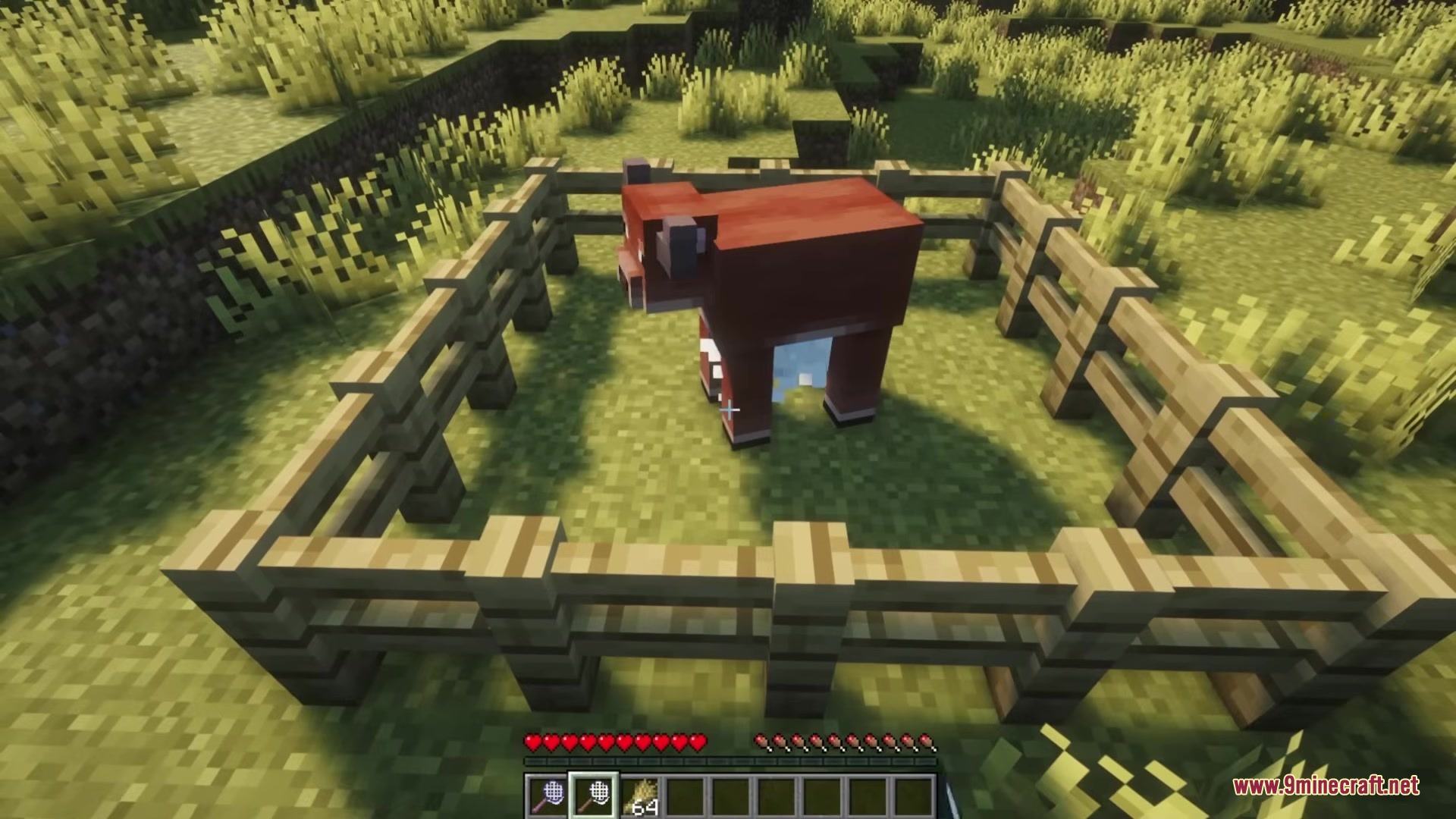 Capture Nets Mod Screenshot 1 A brown cow stands inside a wooden fence enclosure in a grassy field