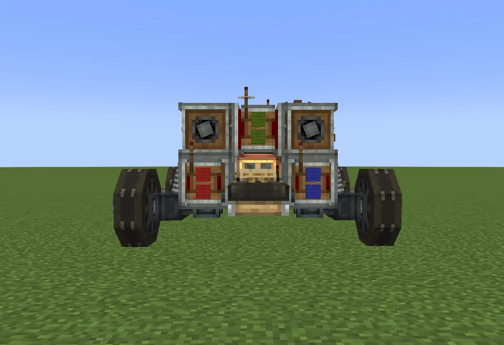 Front view of a compact car with red and blue mechanical parts